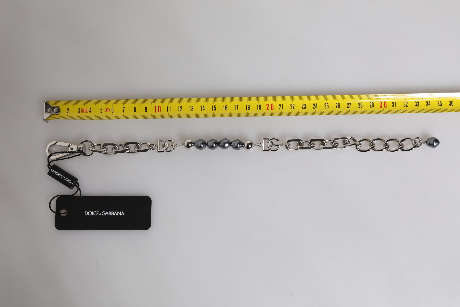 Dolce & Gabbana Silver Tone Chain Lobster Clasp Logo Gray Pearls Bracelet