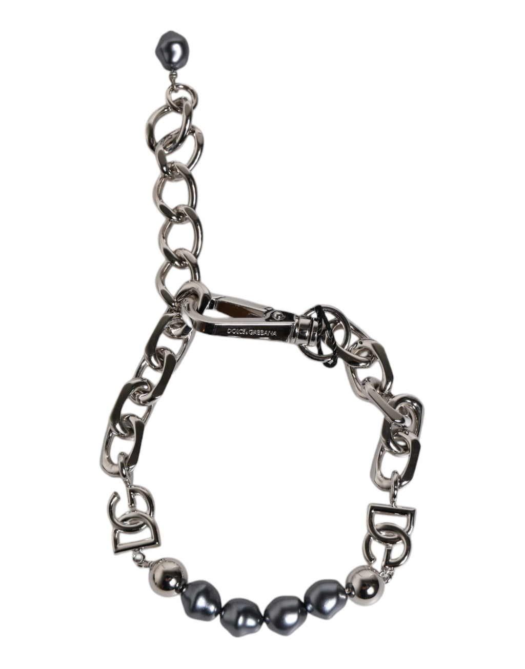 Silberfarbenes Kettenarmband mit Karabinerverschluss und grauen Perlen