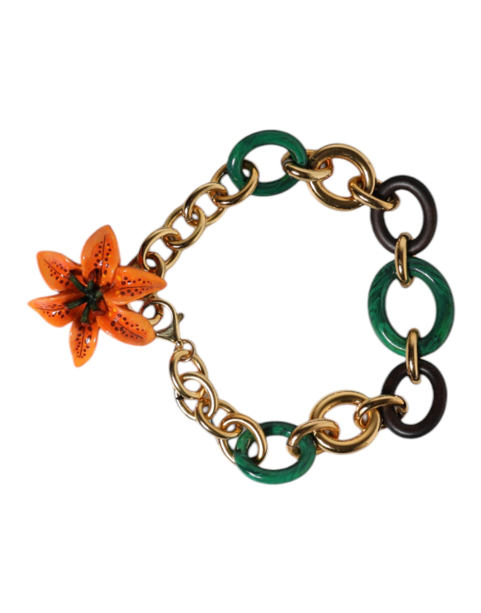 Mehrfarbige Halskette mit Blumenmuster und orangefarbener Lilie aus goldenem Messing