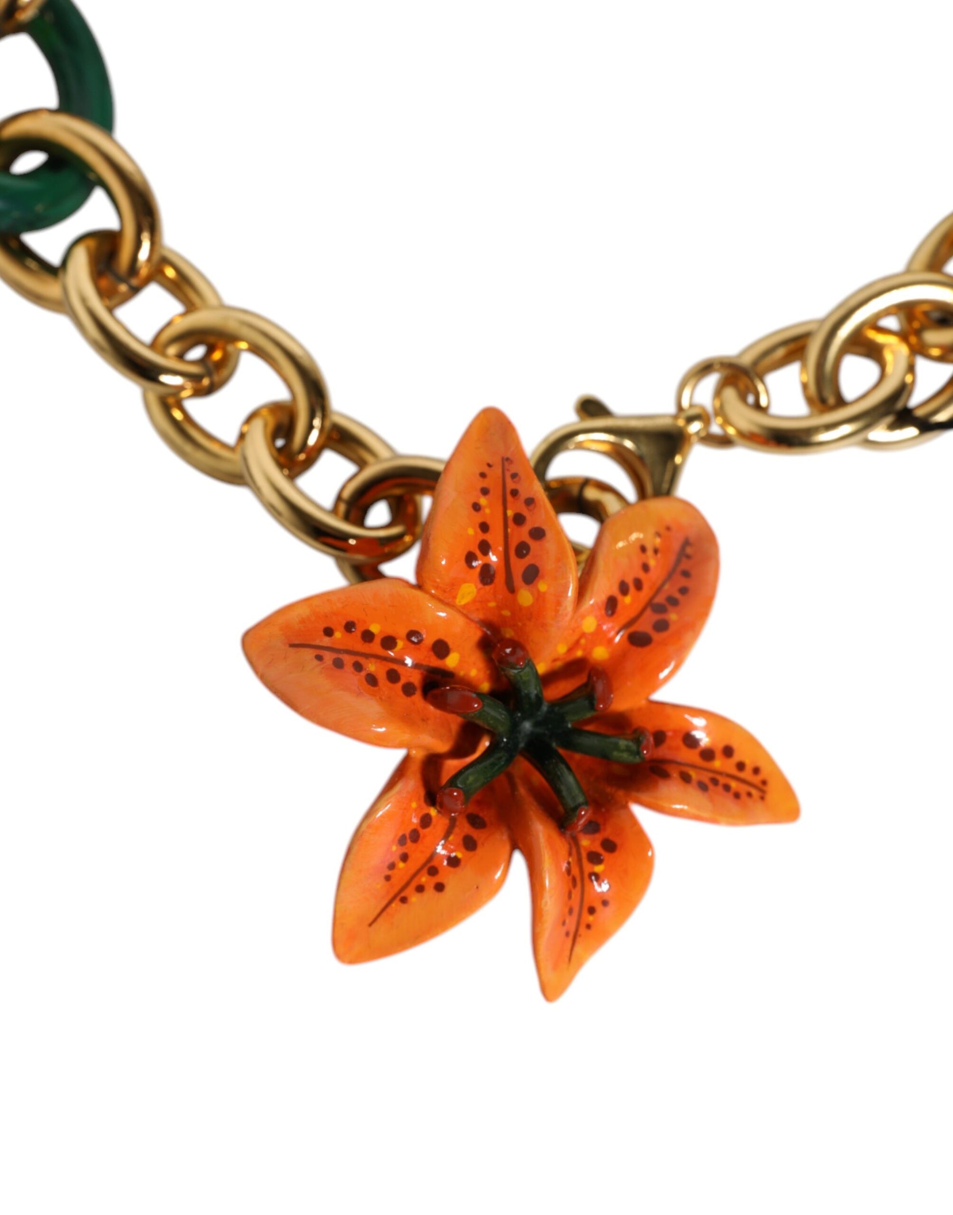 Mehrfarbige Halskette mit Blumenmuster und orangefarbener Lilie aus goldenem Messing