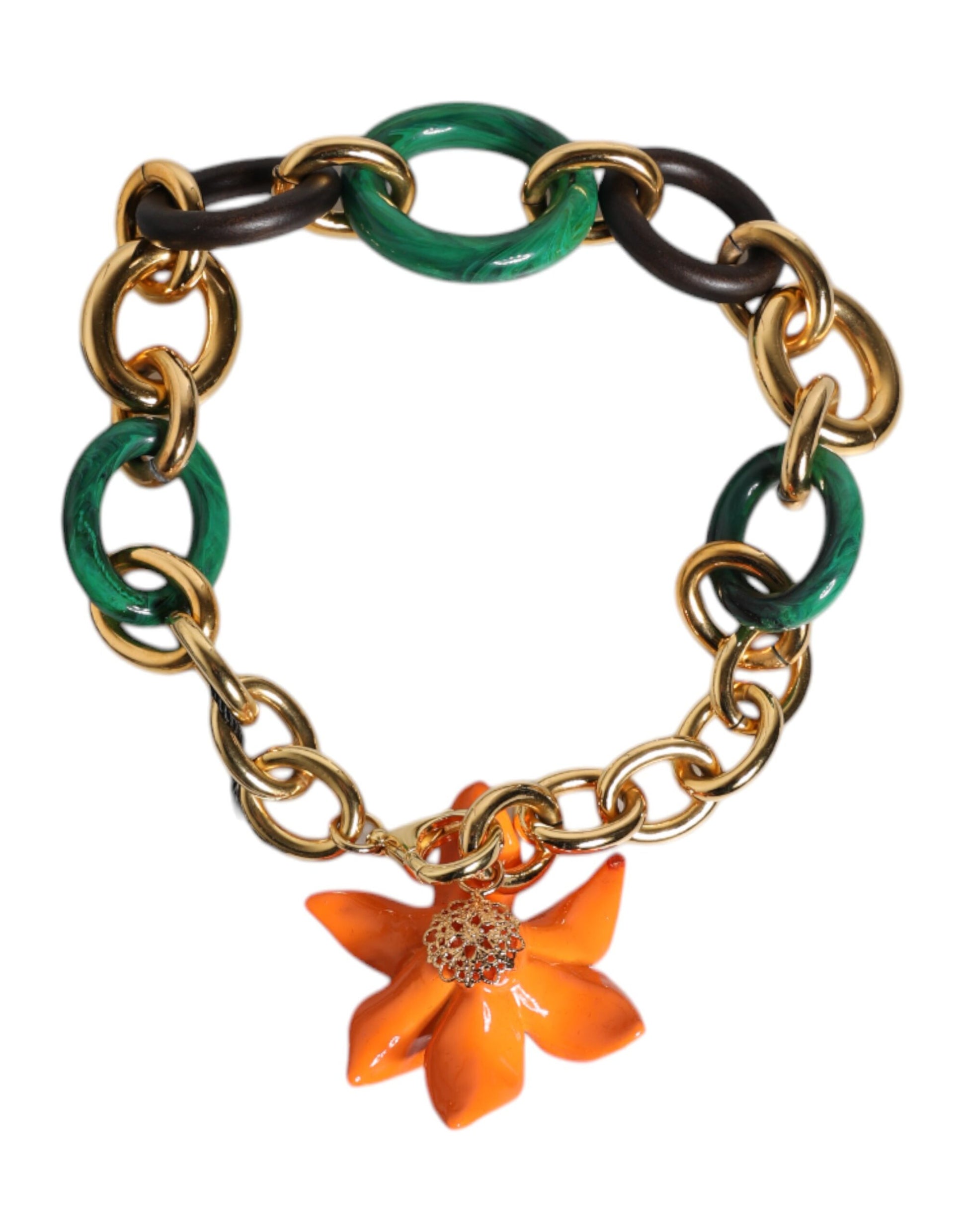 Mehrfarbige Halskette mit Blumenmuster und orangefarbener Lilie aus goldenem Messing