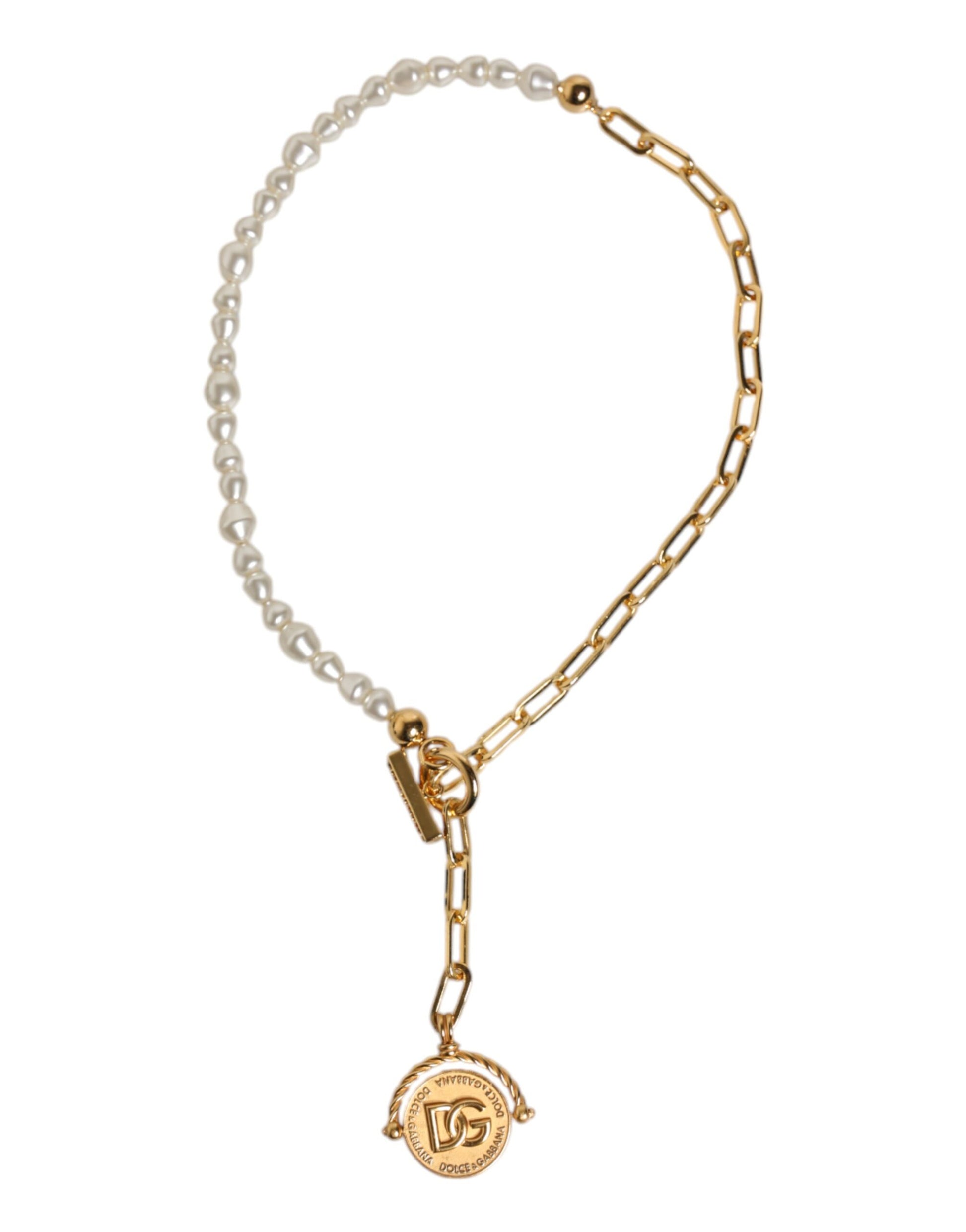 Dolce & Gabbana Gold Chain Brass Faux Pearl Charm Logo Pendant Necklace