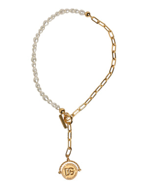 Gold Chain Brass Faux Pearl Charm Logo Pendant Necklace