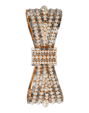 Gold Tone Brass Bow Crystal FauxPearl Embellished Brooch