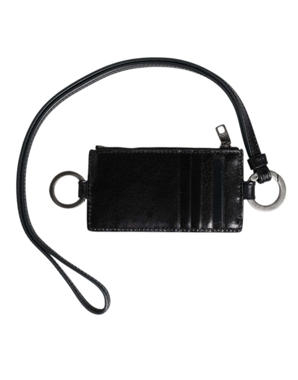 Schwarzes Kartenetui aus Leder mit Logoprägung und Lanyard