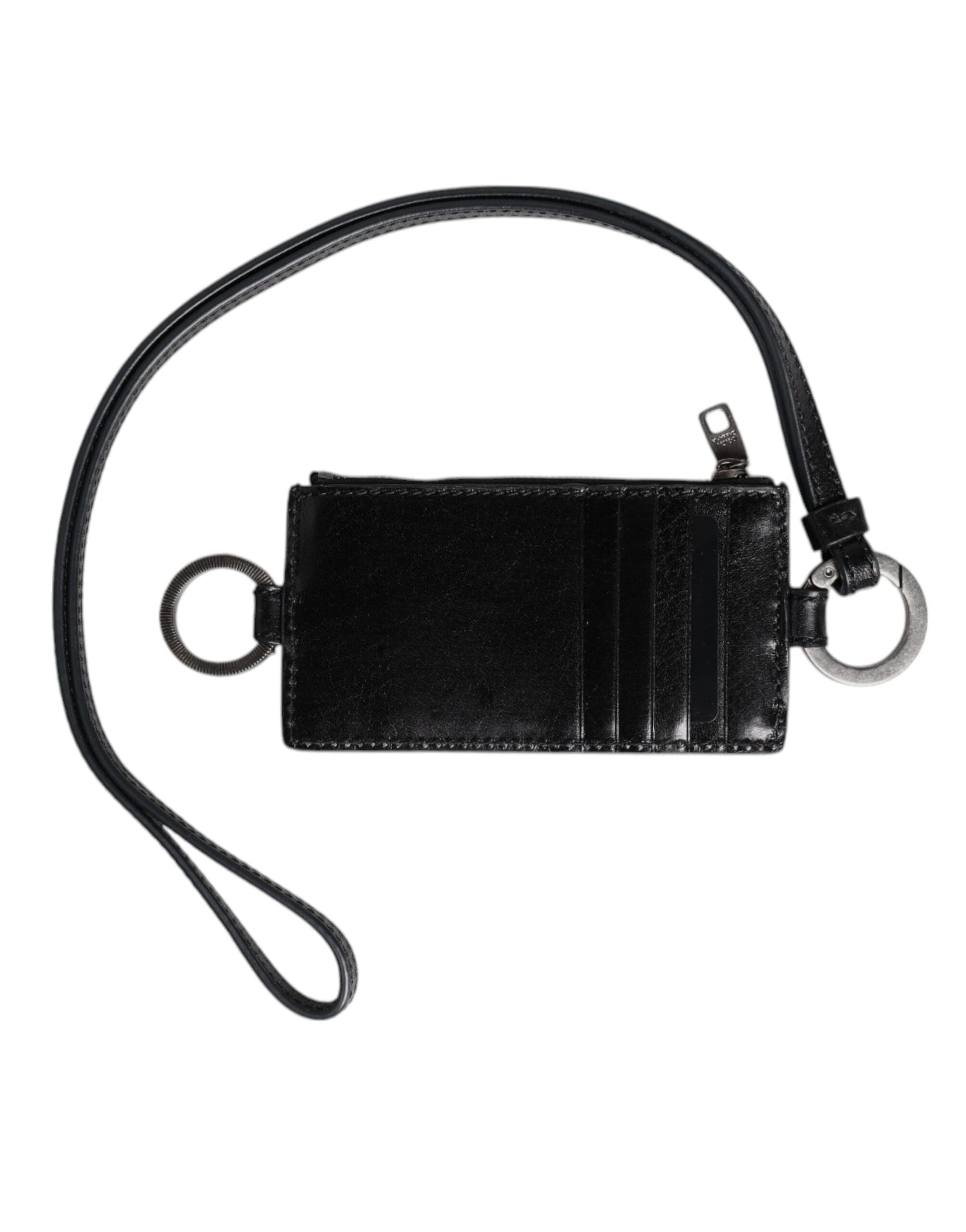 Schwarzes Kartenetui aus Leder mit Logoprägung und Lanyard