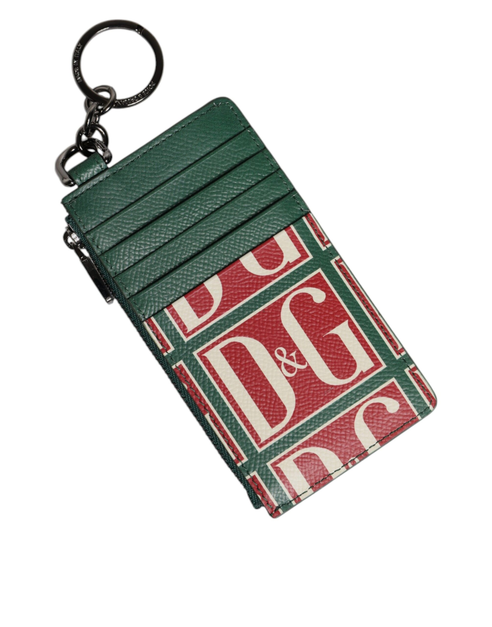 Grünes Kartenetui aus Kalbsleder mit Logo-Print und Monogramm