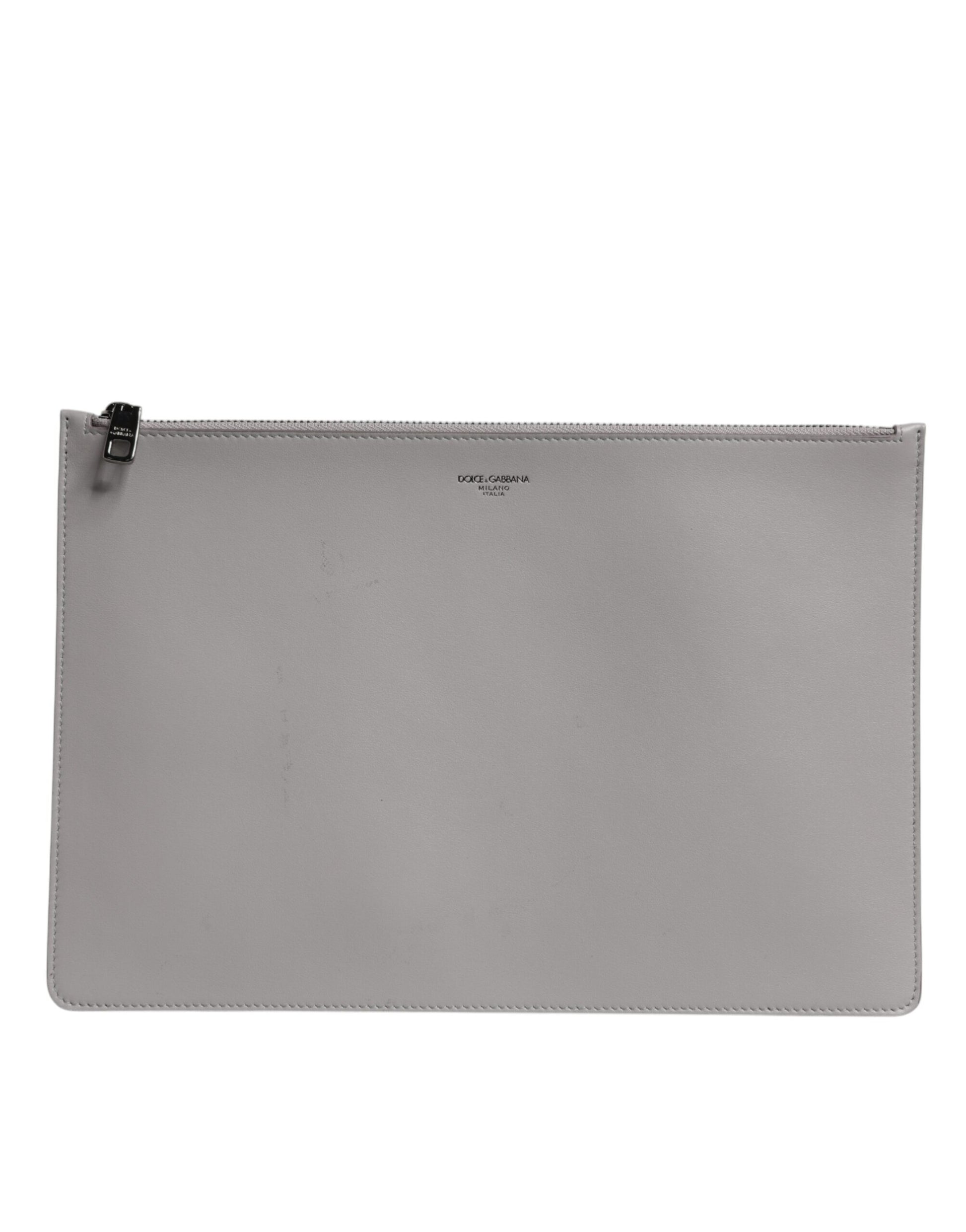 Graue Herren-Clutch mit Reißverschluss und DG-Logo aus massivem Leder