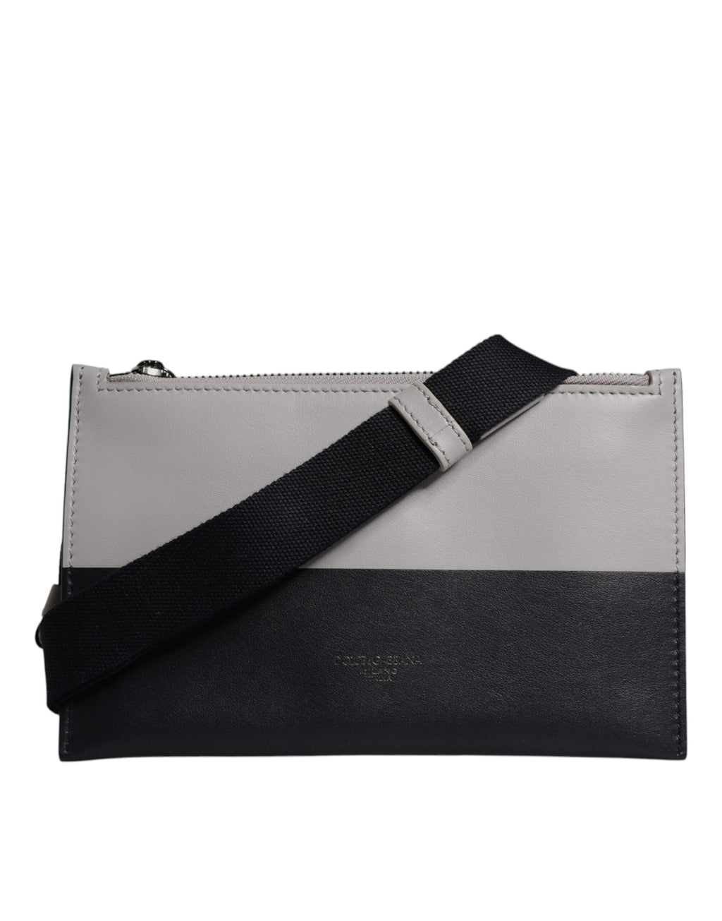Schwarz-weiße Umhängetasche aus Leder mit Logoprägung