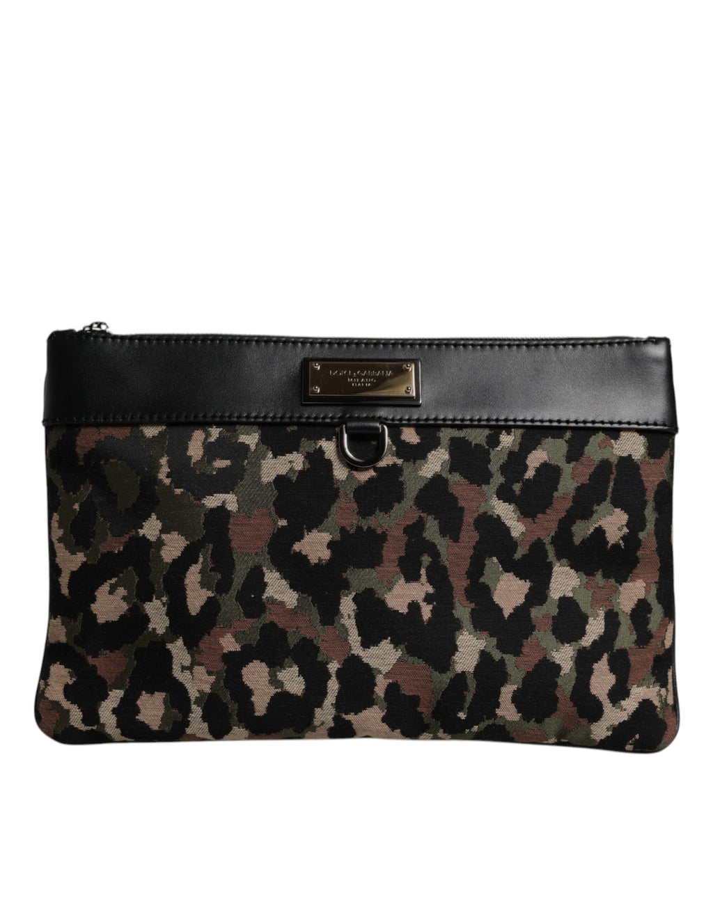 Mehrfarbige Beuteltasche mit Logo-Schild und Leoparden-Jacquard-Print