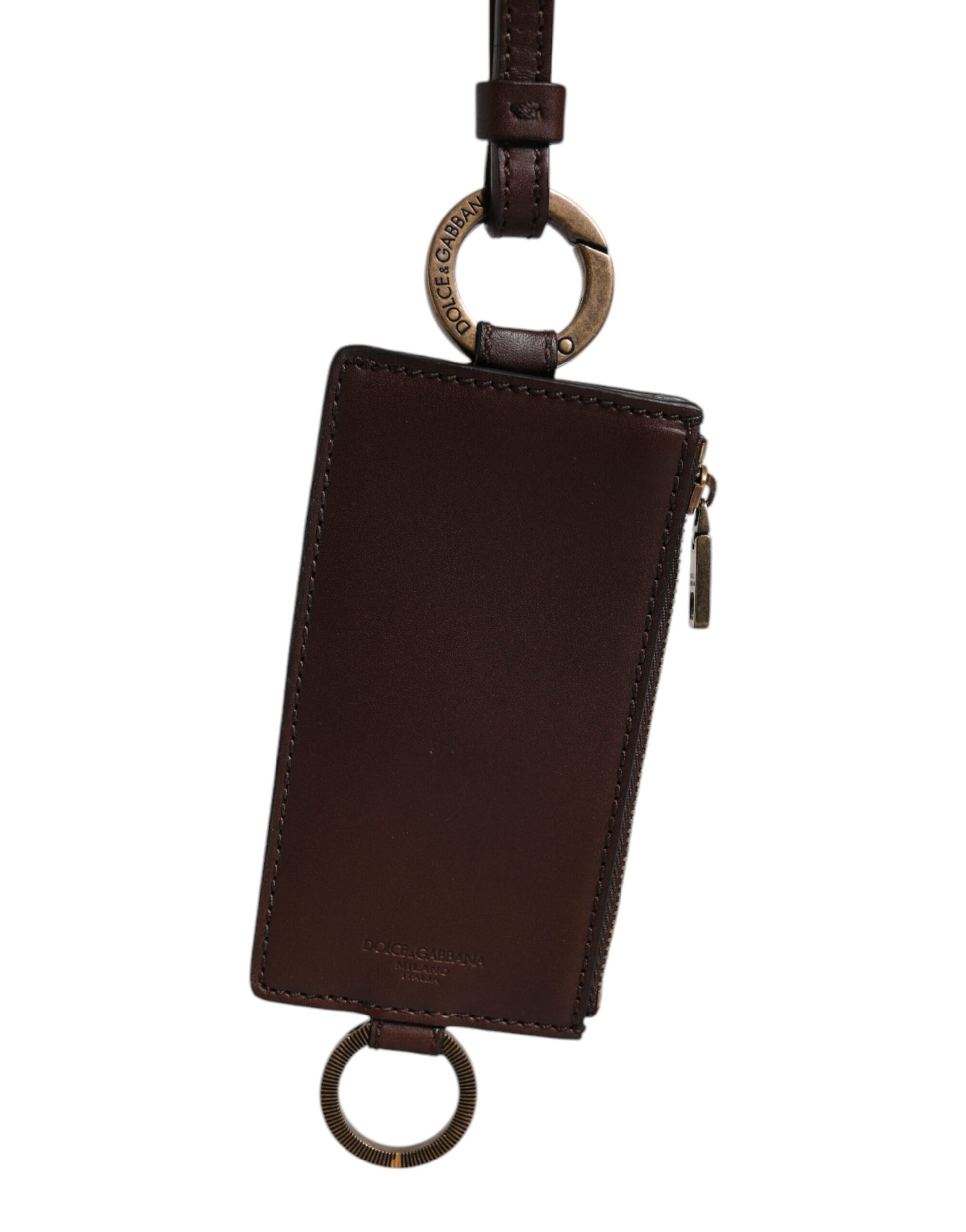 Braune Brieftasche mit Logo und Lanyard für Kartenhalter aus Kalbsleder