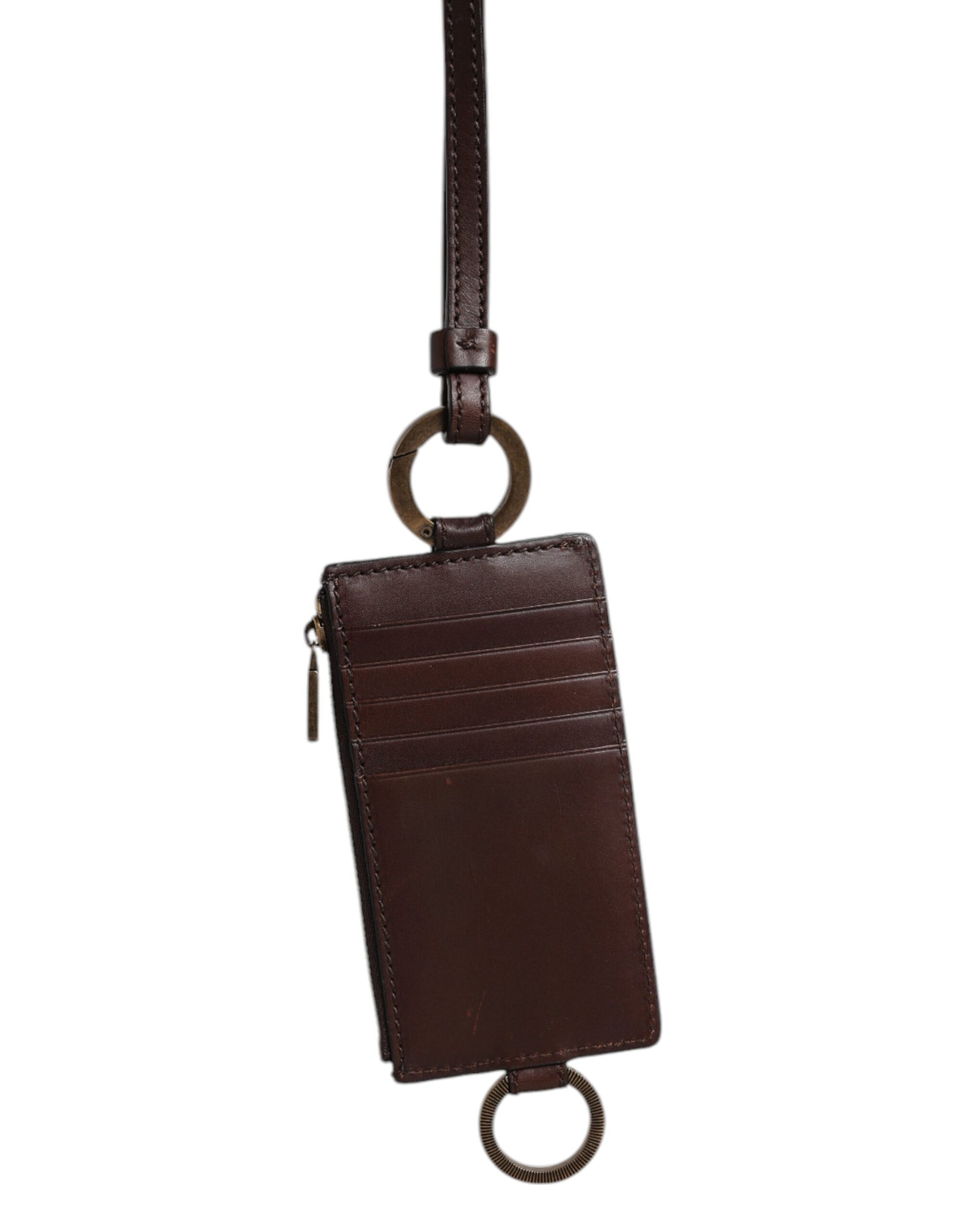 Braune Brieftasche mit Logo und Lanyard für Kartenhalter aus Kalbsleder