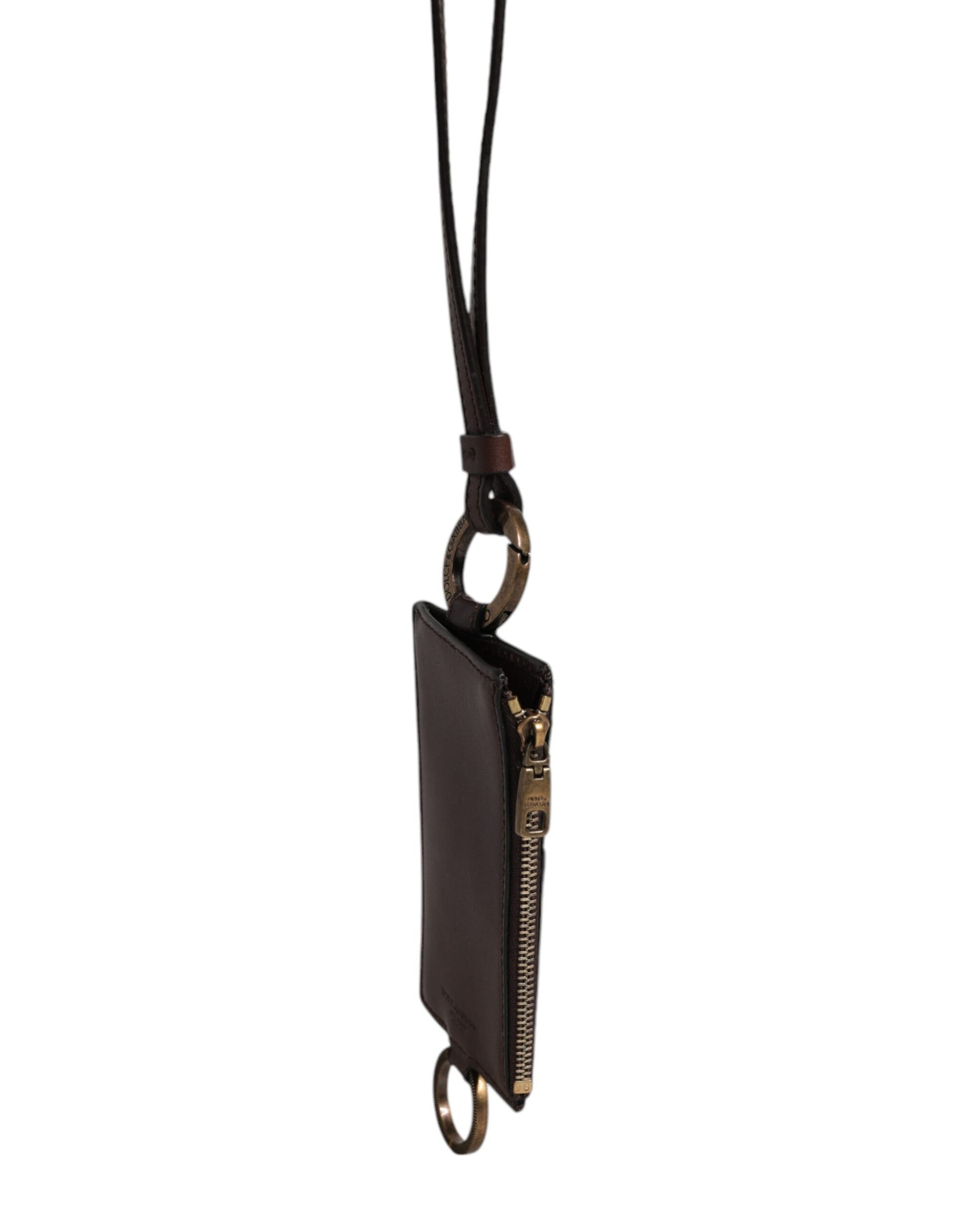 Braune Brieftasche mit Logo und Lanyard für Kartenhalter aus Kalbsleder