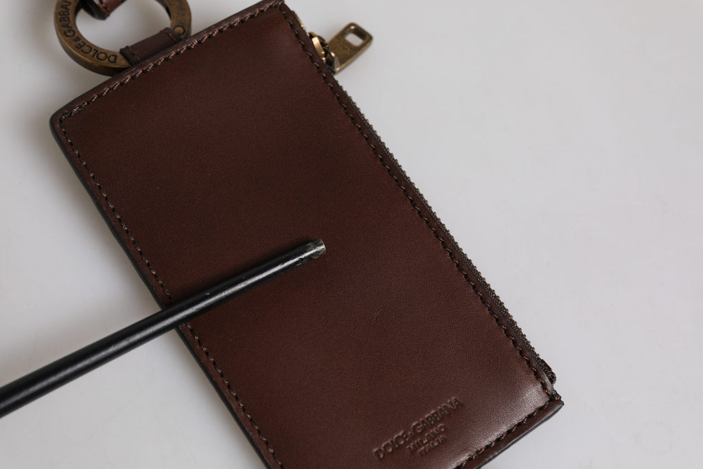 Braune Brieftasche mit Logo und Lanyard für Kartenhalter aus Kalbsleder