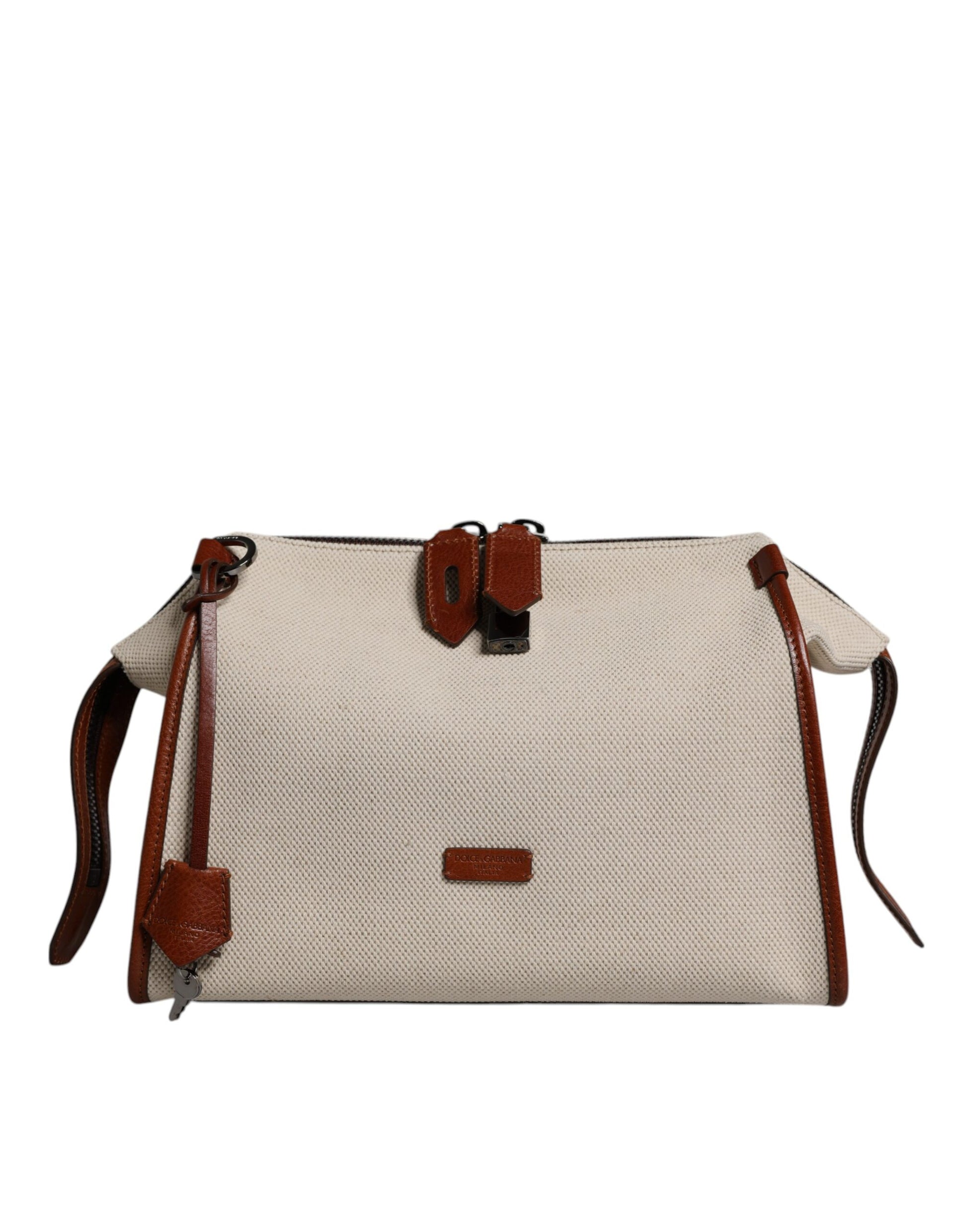 Dolce & Gabbana Beige Brown Cotton Leather Duffle Shoulder Bag