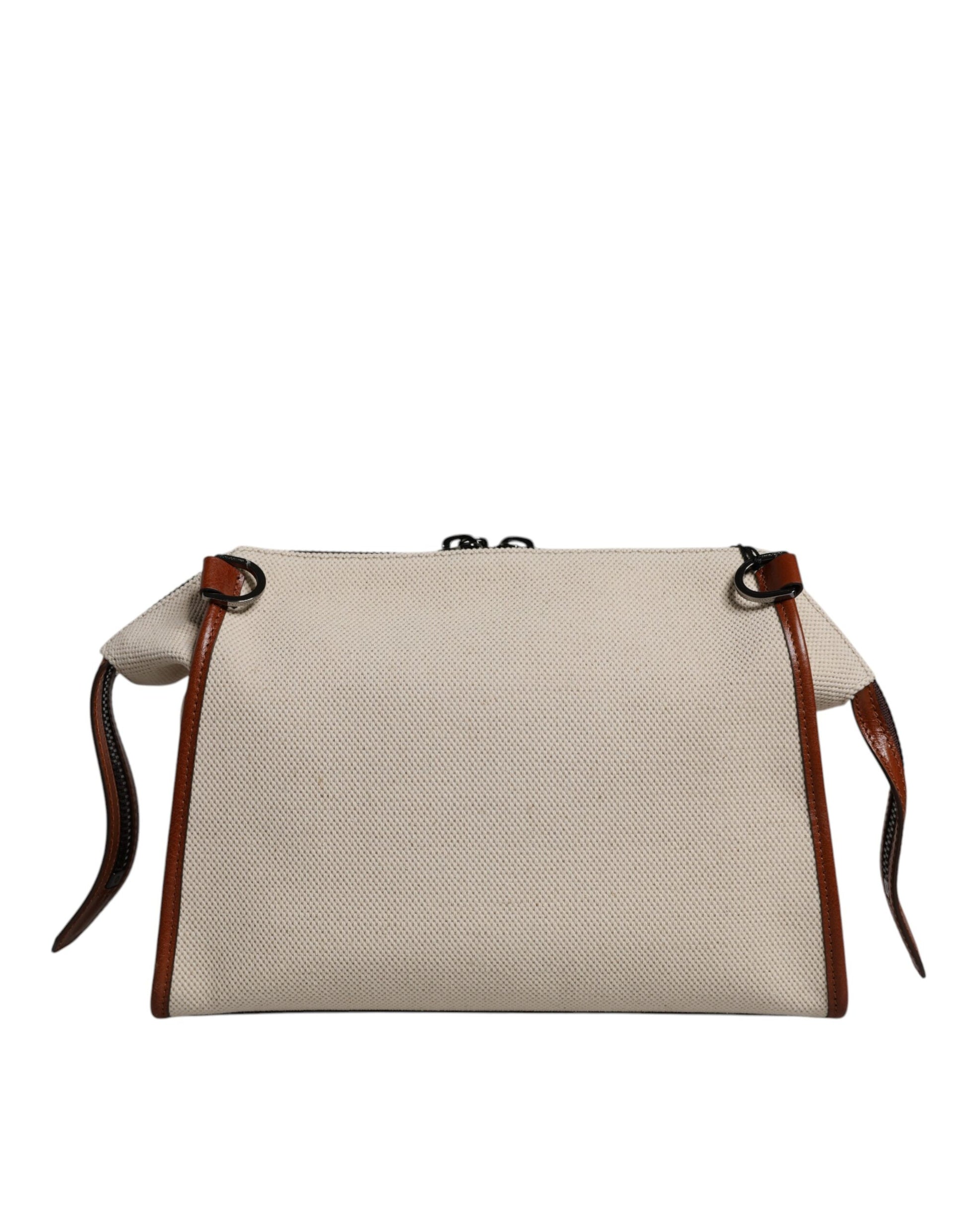Dolce & Gabbana Beige Brown Cotton Leather Duffle Shoulder Bag