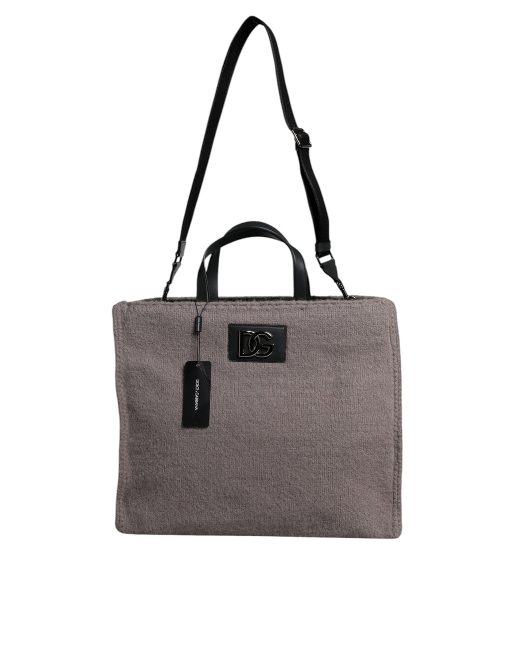 Graue Tote-Umhängetasche aus Alpakawolle mit Logo-Schild