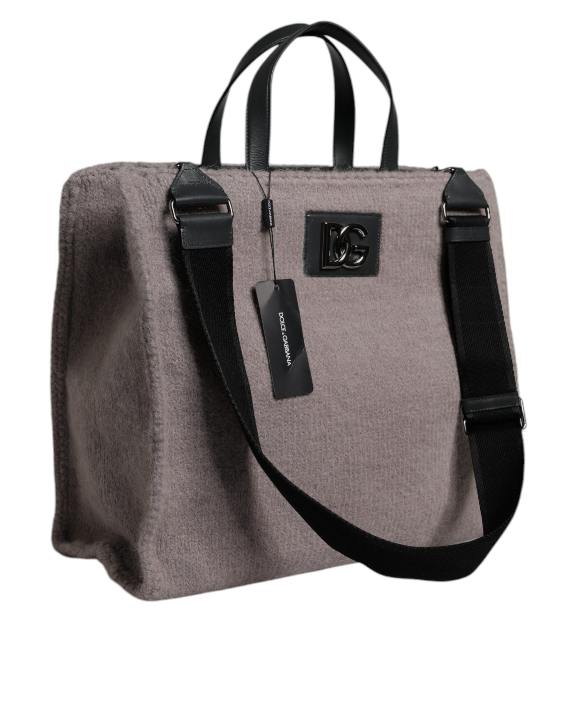 Graue Tote-Umhängetasche aus Alpakawolle mit Logo-Schild