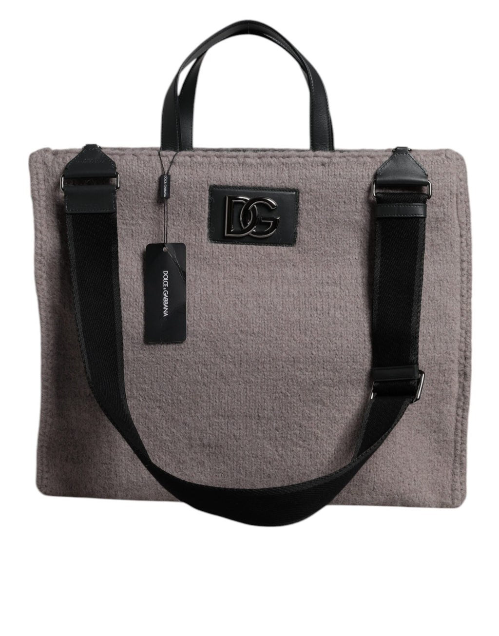 Graue Tote-Umhängetasche aus Alpakawolle mit Logo-Schild