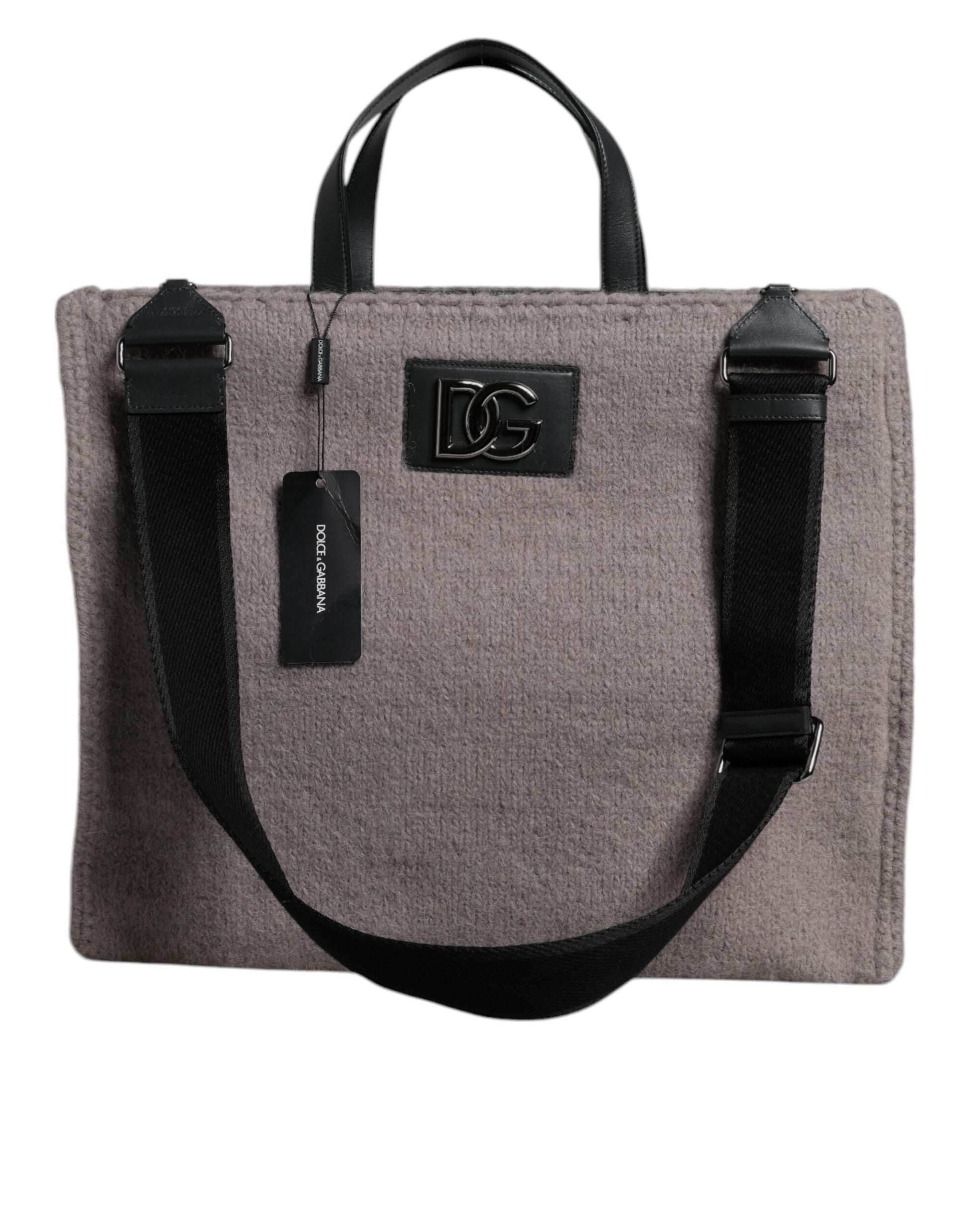 Graue Tote-Umhängetasche aus Alpakawolle mit Logo-Schild