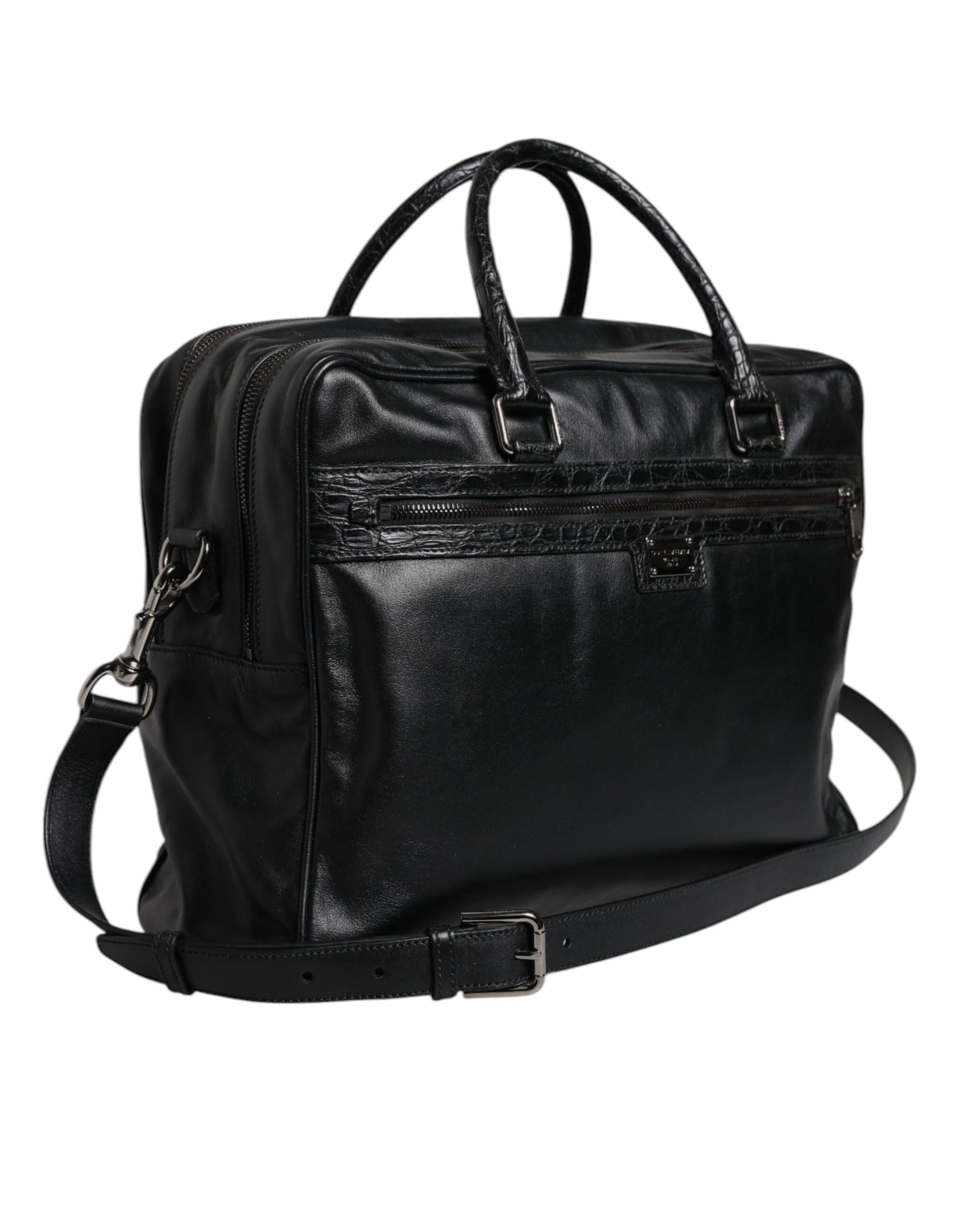 Schwarze Messenger-Tasche aus Leder mit Schultergurt
