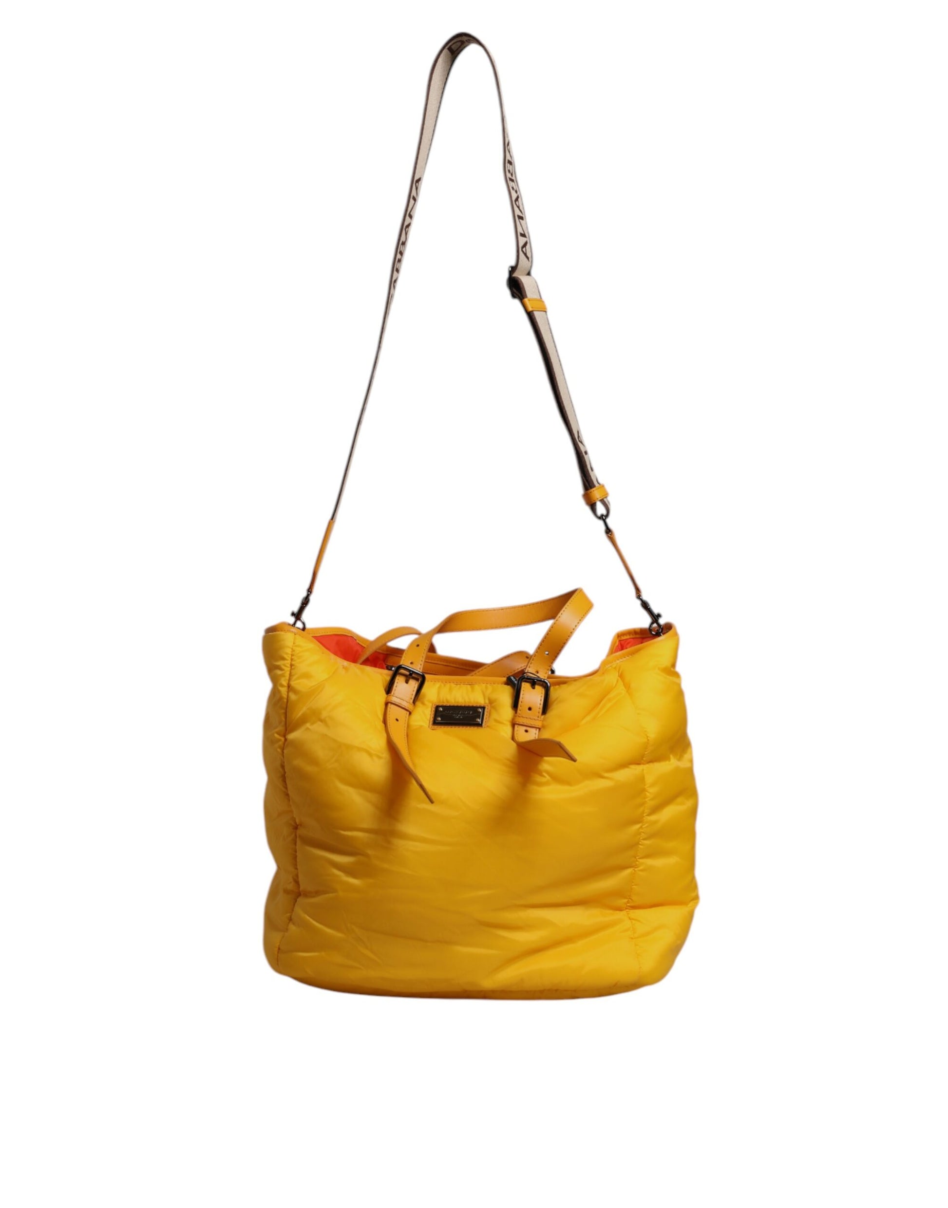 Gelb-orangefarbene Nylon-Reisetasche mit Logo-Schild