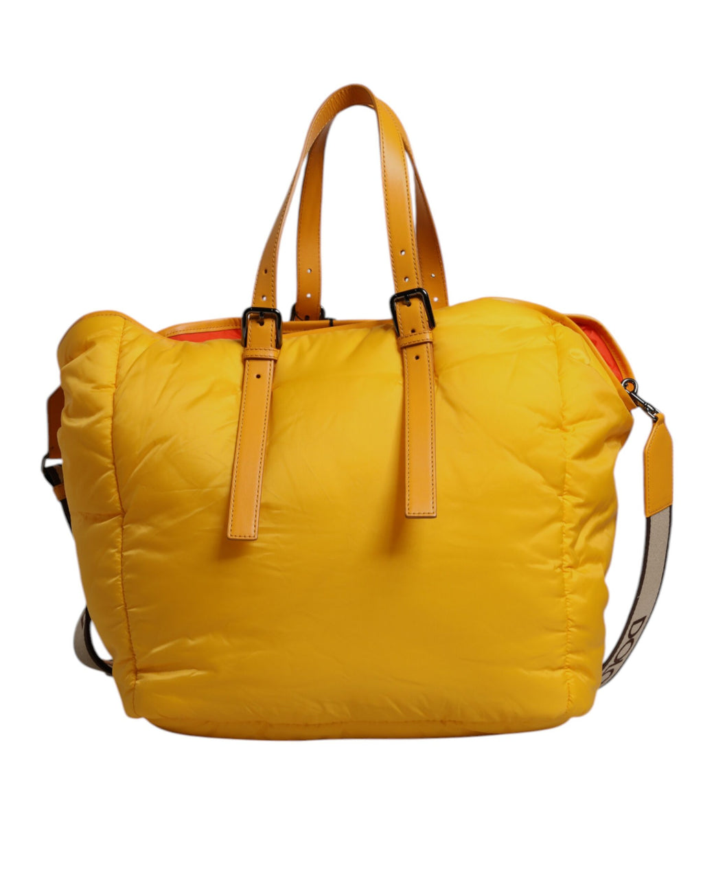 Gelb-orangefarbene Nylon-Reisetasche mit Logo-Schild