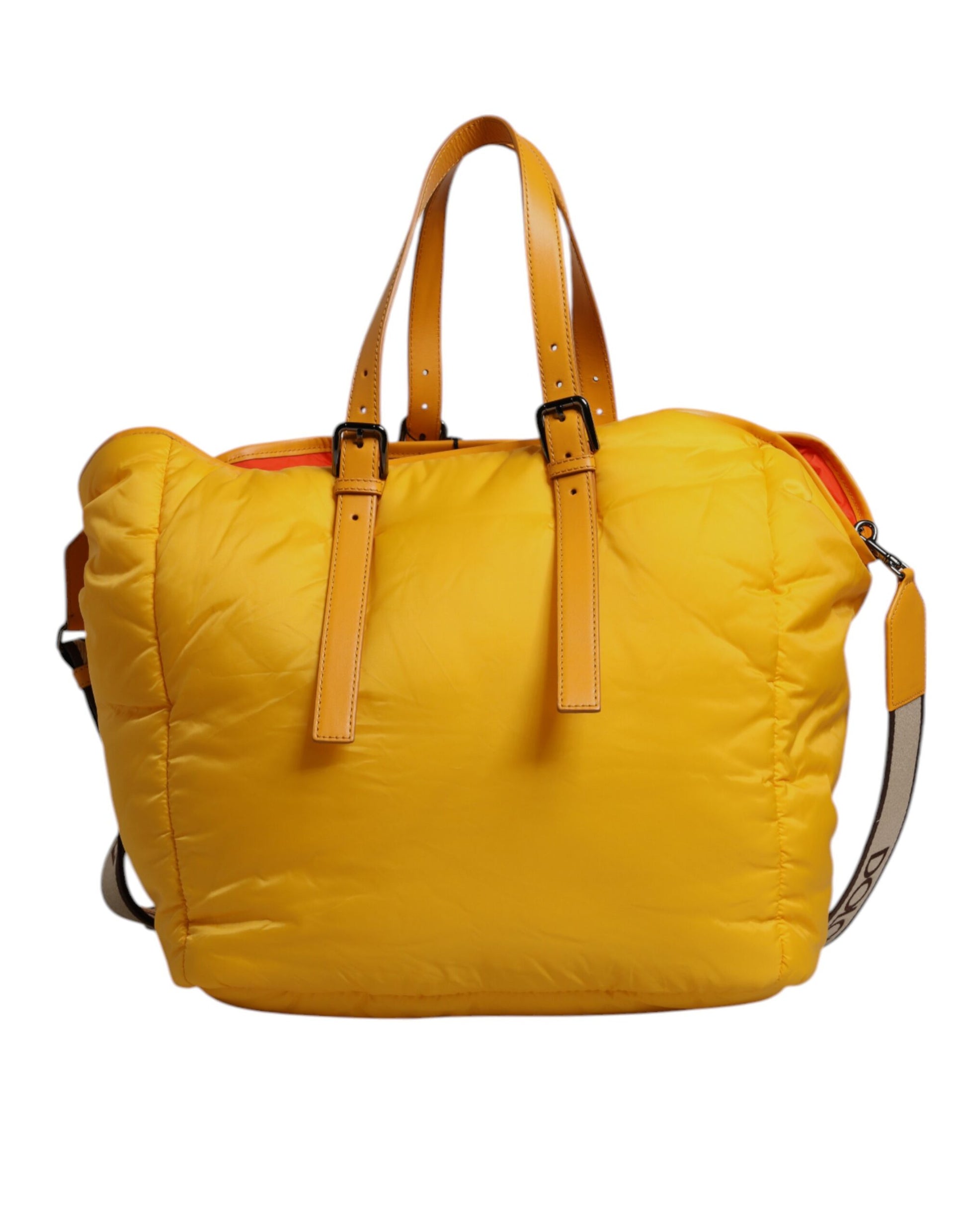 Gelb-orangefarbene Nylon-Reisetasche mit Logo-Schild