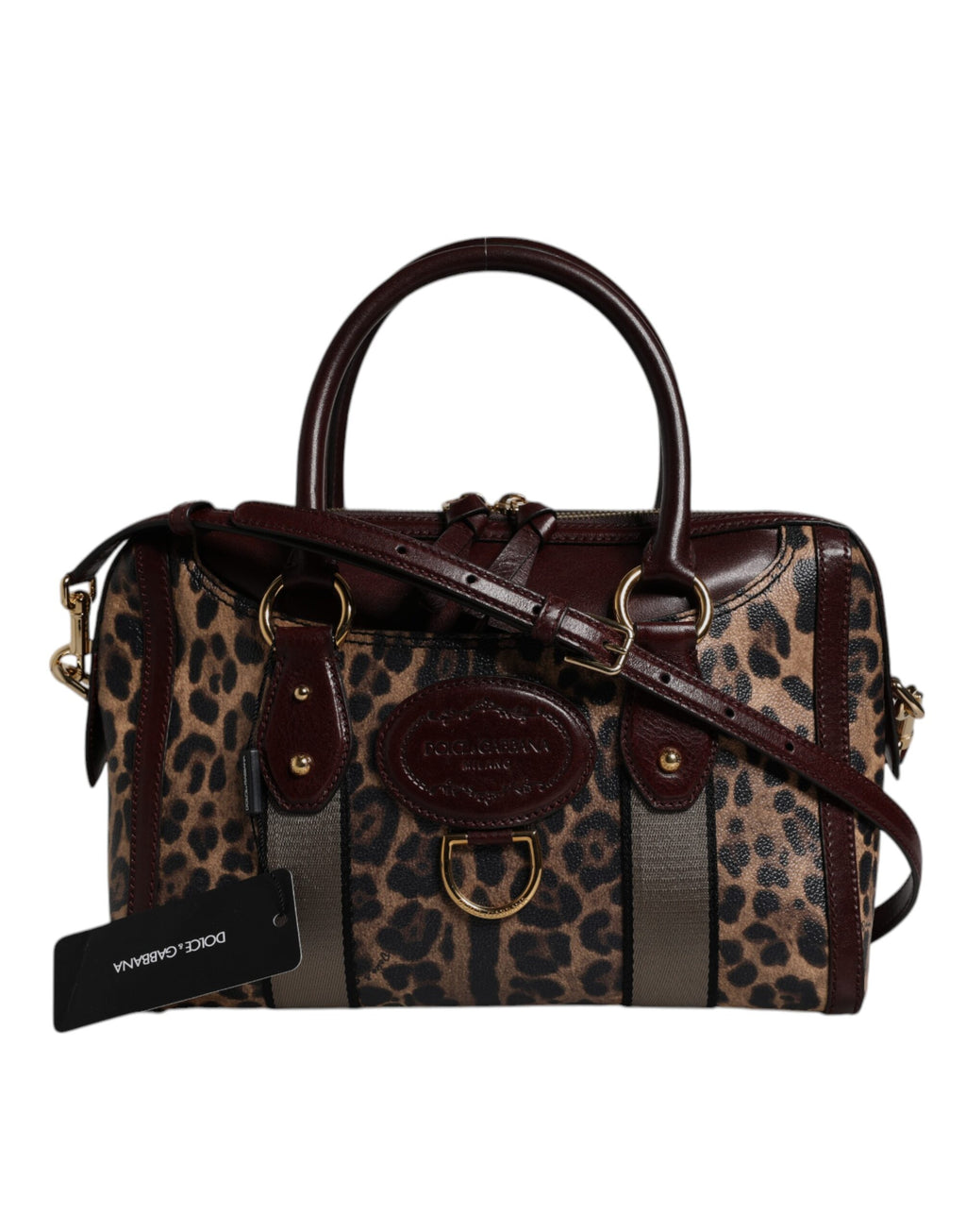 Reisetasche aus braunem Leder mit Schultergurt und Leopardenmuster