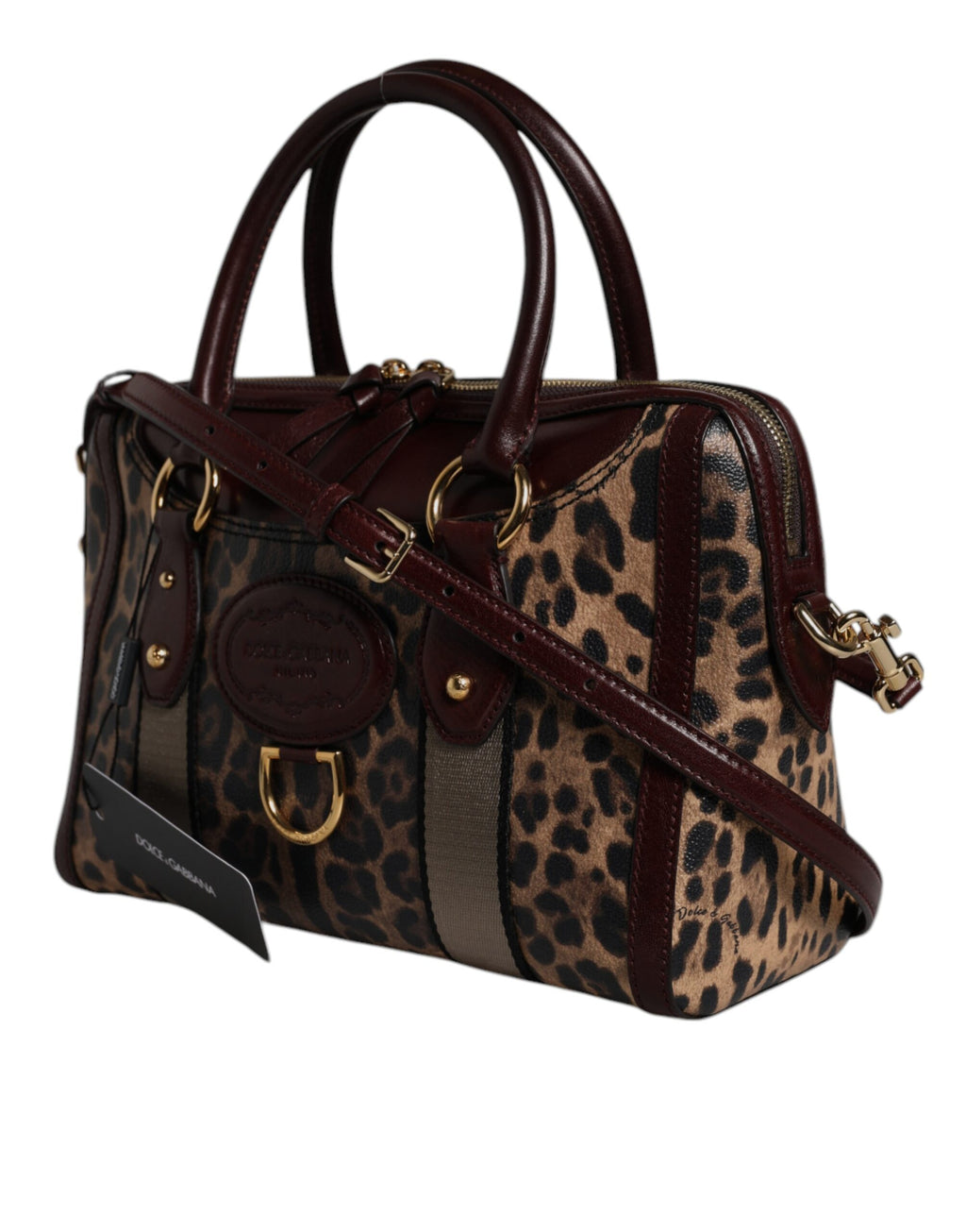 Reisetasche aus braunem Leder mit Schultergurt und Leopardenmuster