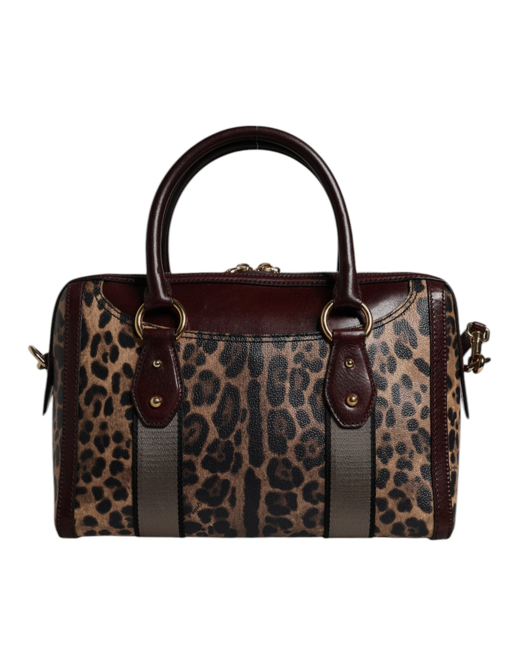Reisetasche aus braunem Leder mit Schultergurt und Leopardenmuster
