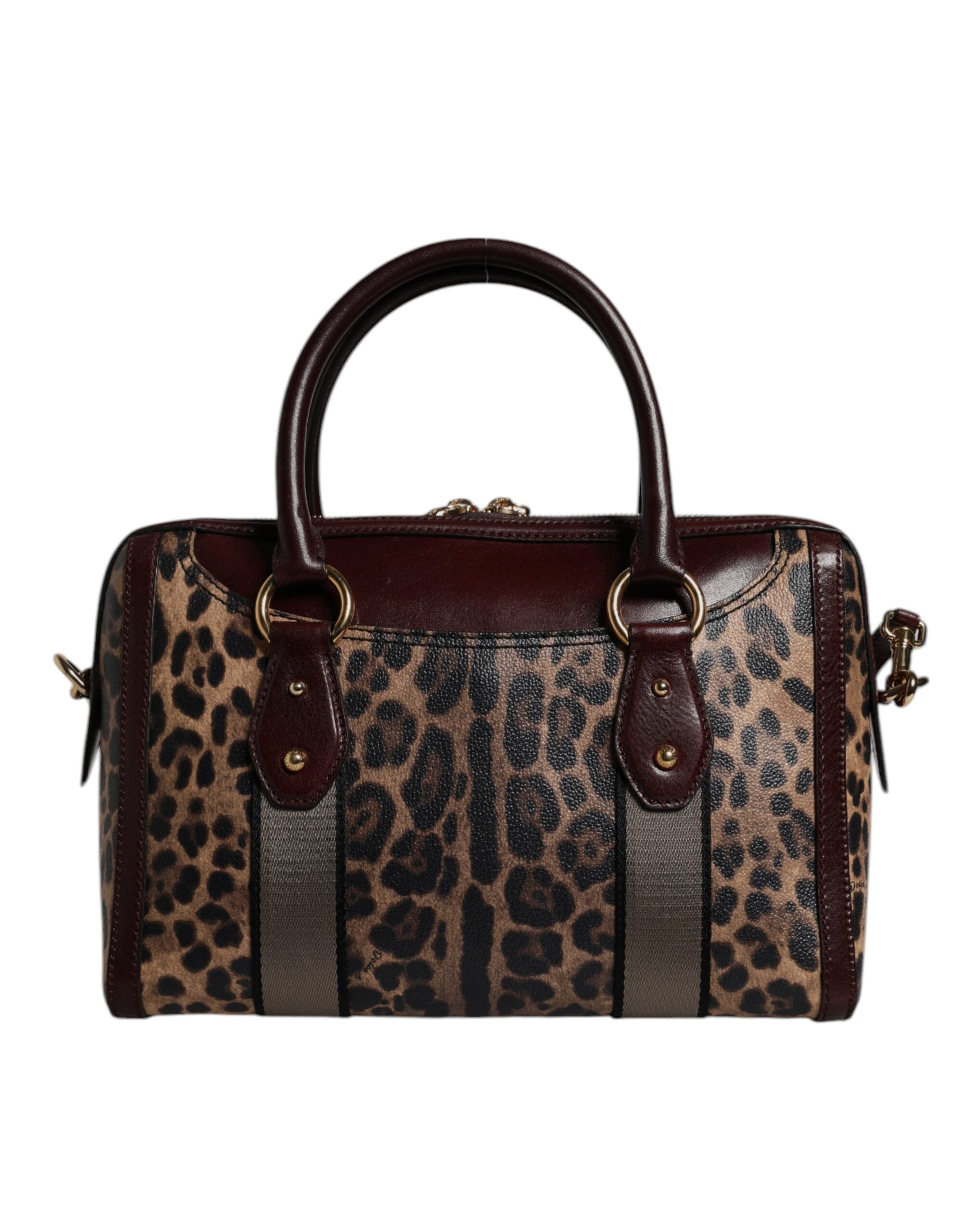 Reisetasche aus braunem Leder mit Schultergurt und Leopardenmuster