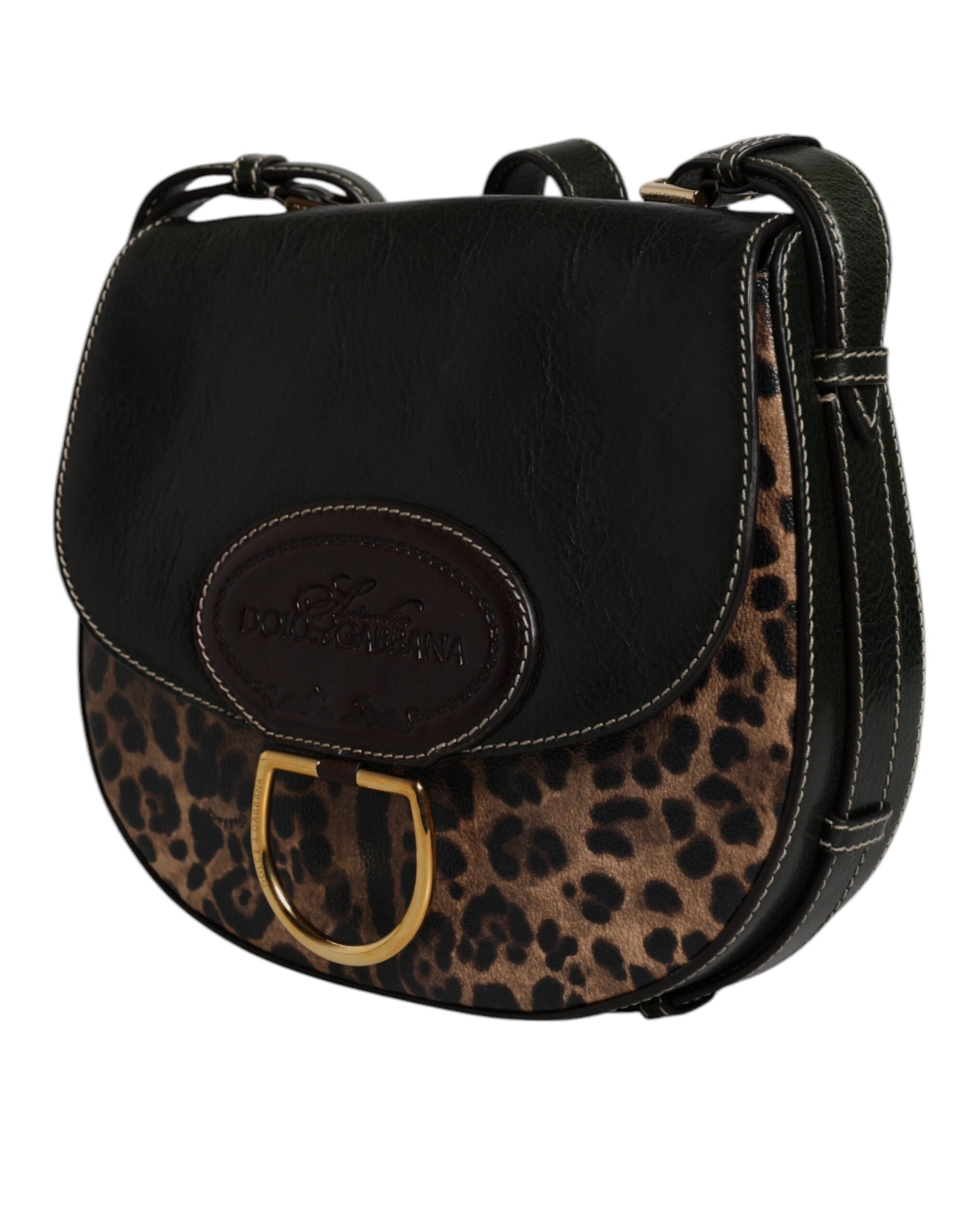 Schwarz-braune Schultertasche aus Leder mit Leopardenmuster