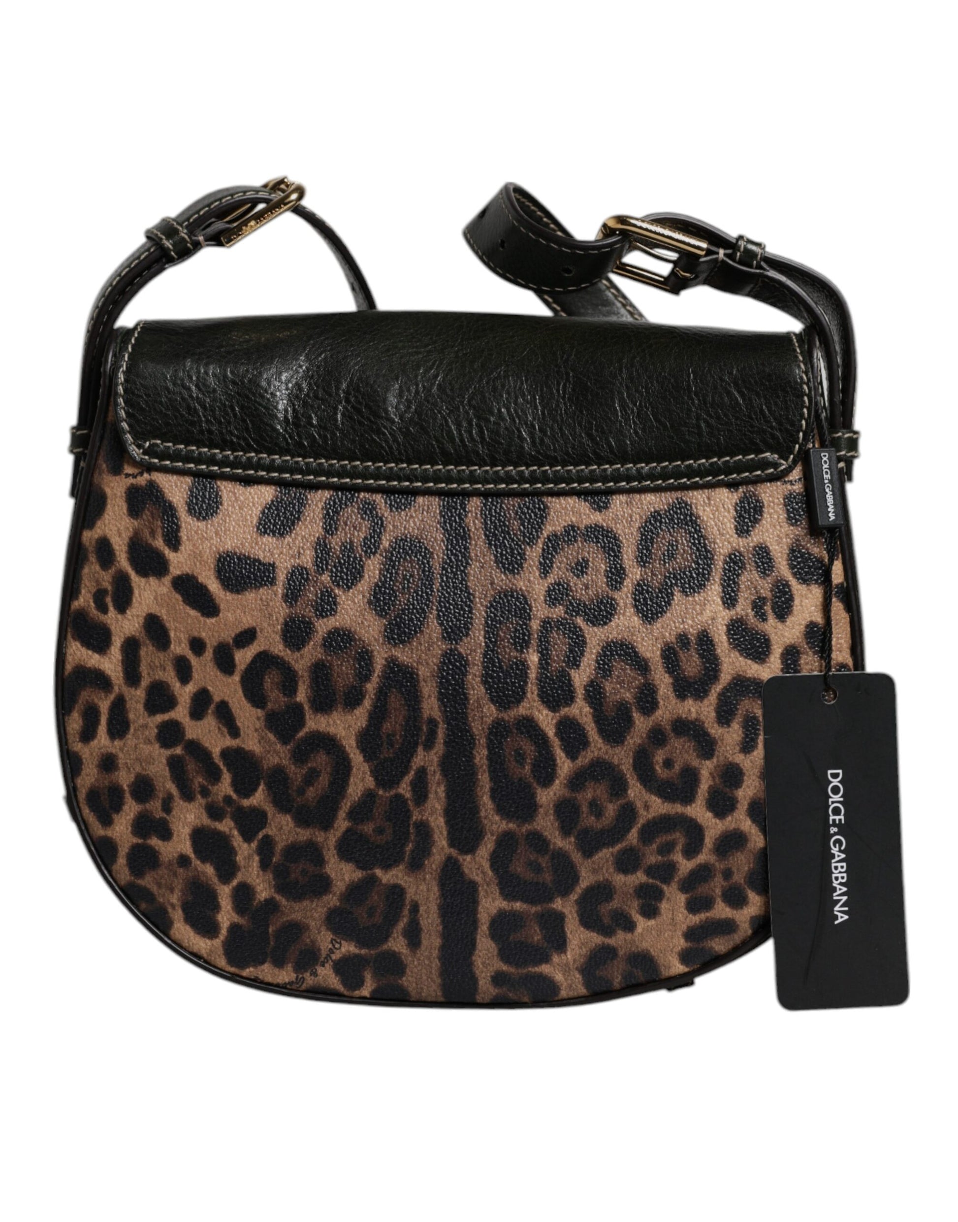 Schwarz-braune Schultertasche aus Leder mit Leopardenmuster