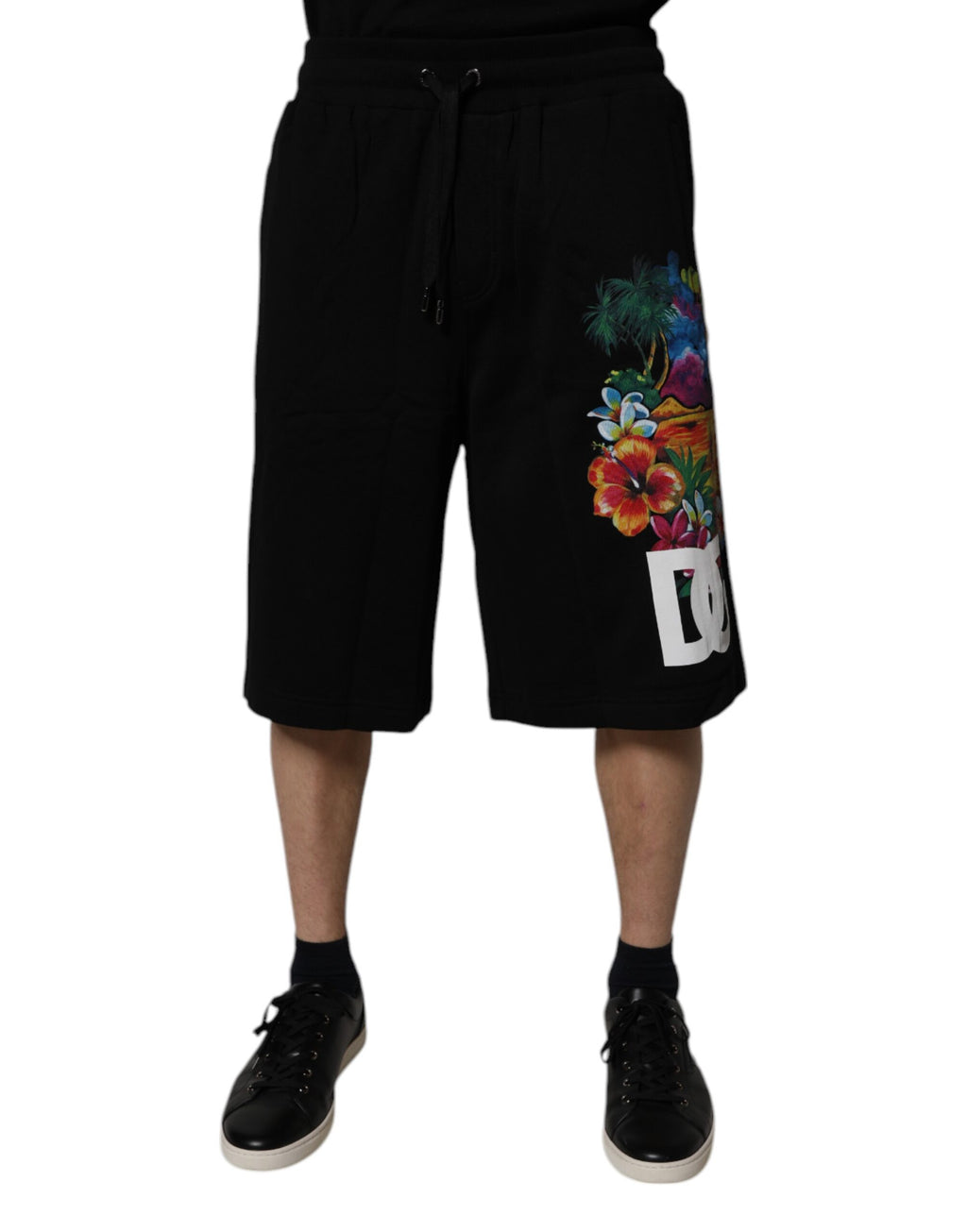Schwarze Bermudashorts aus Baumwolle mit Logo und Blumenmuster