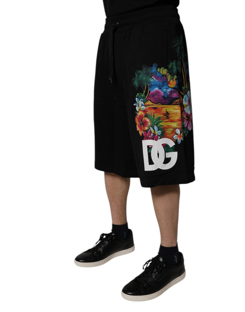 Schwarze Bermudashorts aus Baumwolle mit Logo und Blumenmuster
