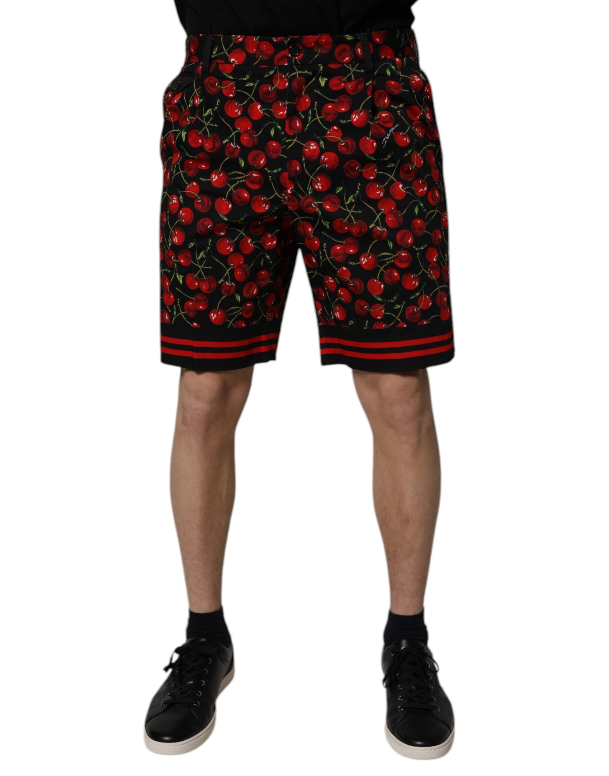 Dolce & Gabbana Black Red Cherry Print Bermuda Cotton Shorts