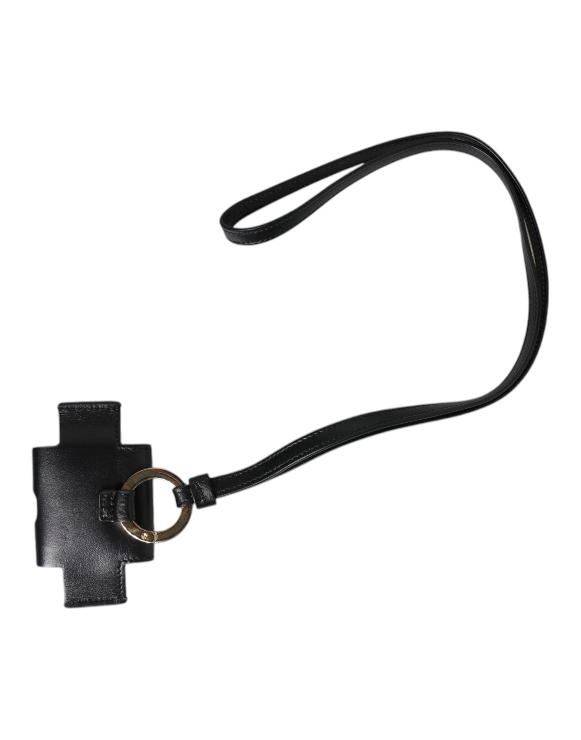 Airpods-Hülle mit schwarzem Lederband und goldenem Metall-Logo