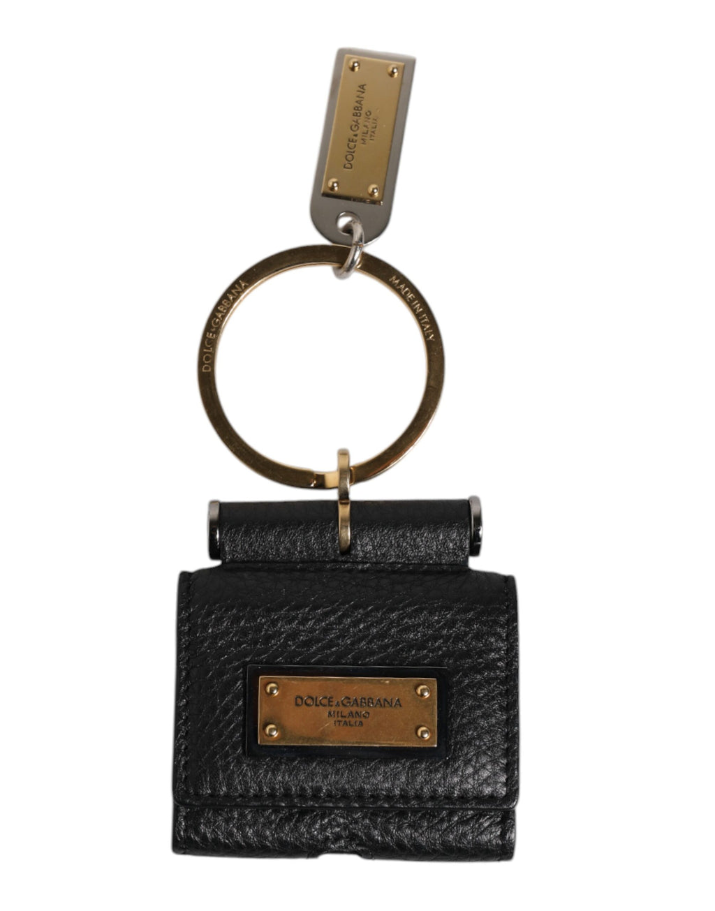 Airpods-Hülle mit schwarzem Lederband und goldenem Metall-Logo