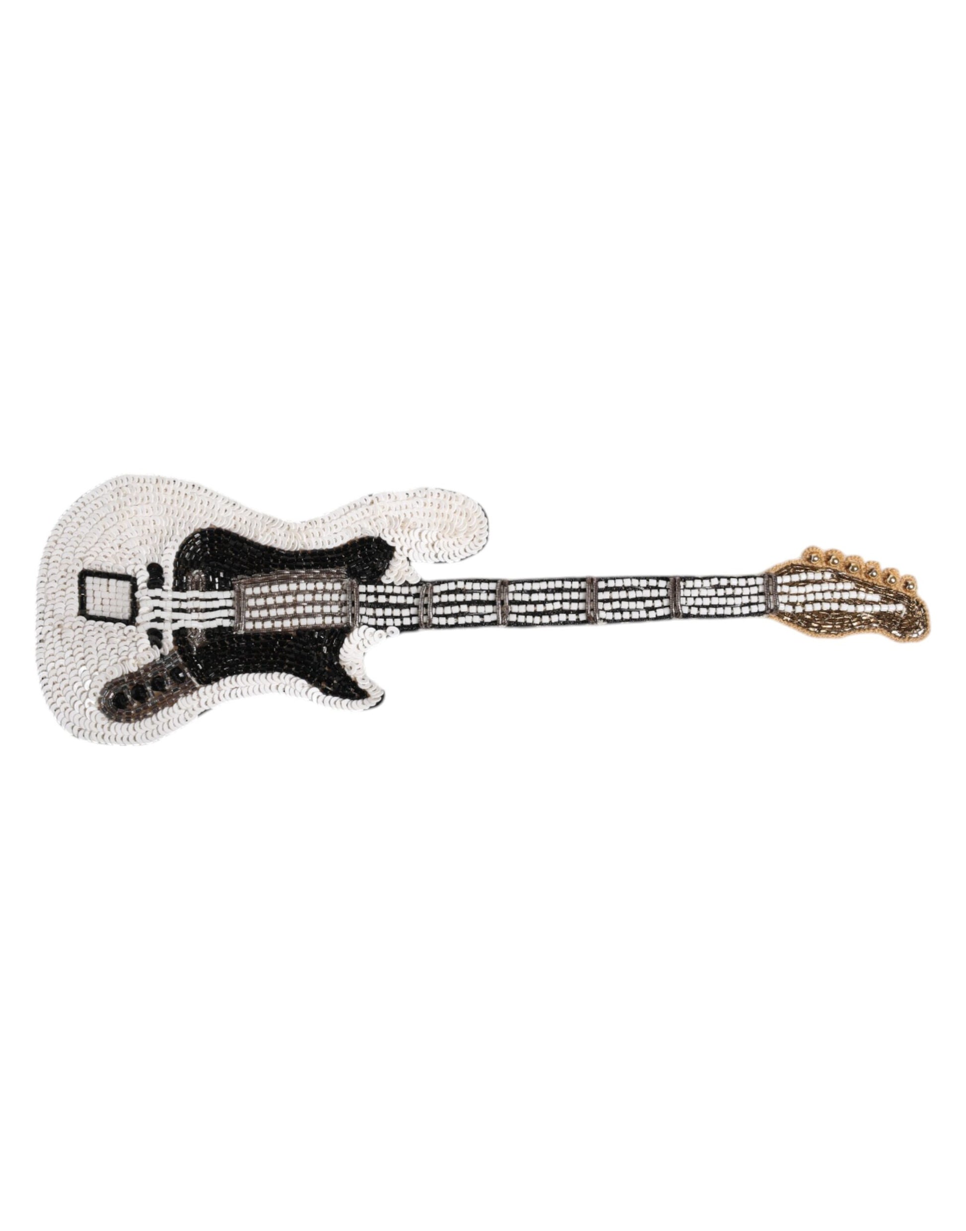 Goldfarbene Gitarren-Brosche mit Logo und Perlen aus Messing