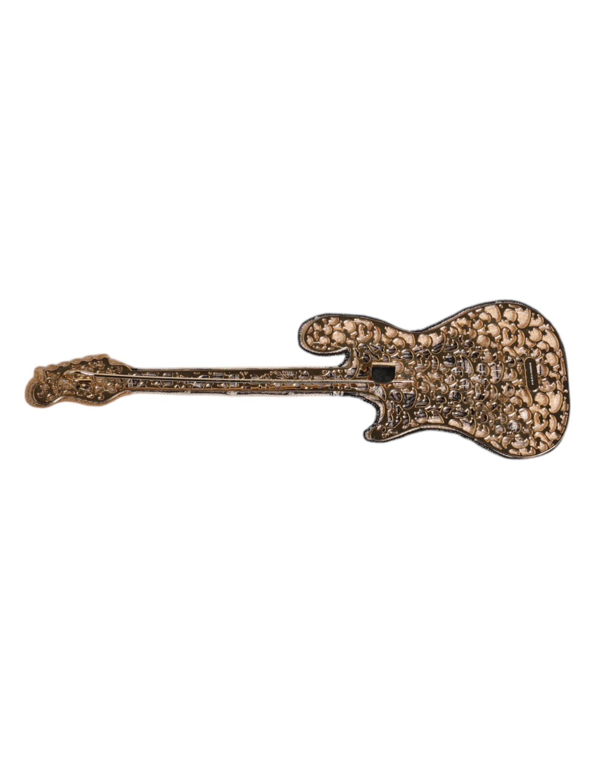 Goldfarbene Gitarren-Brosche mit Logo und Perlen aus Messing