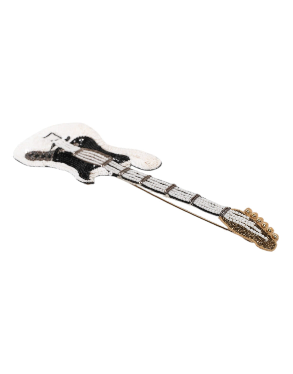 Goldfarbene Gitarren-Brosche mit Logo und Perlen aus Messing