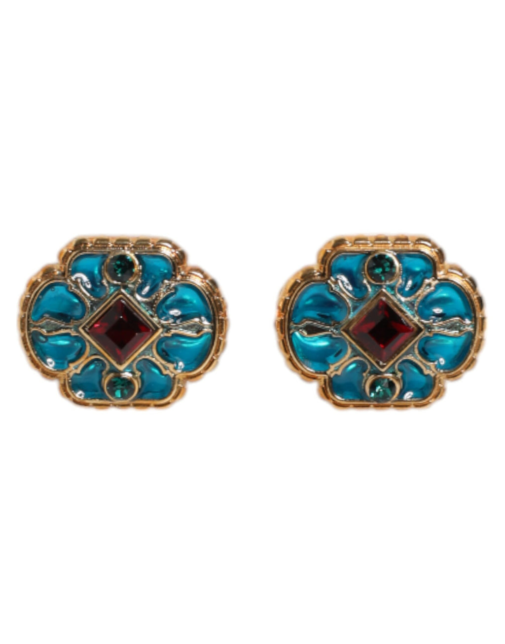 Manschettenknopf aus goldfarbenem Messing mit blau emaillierter Blume