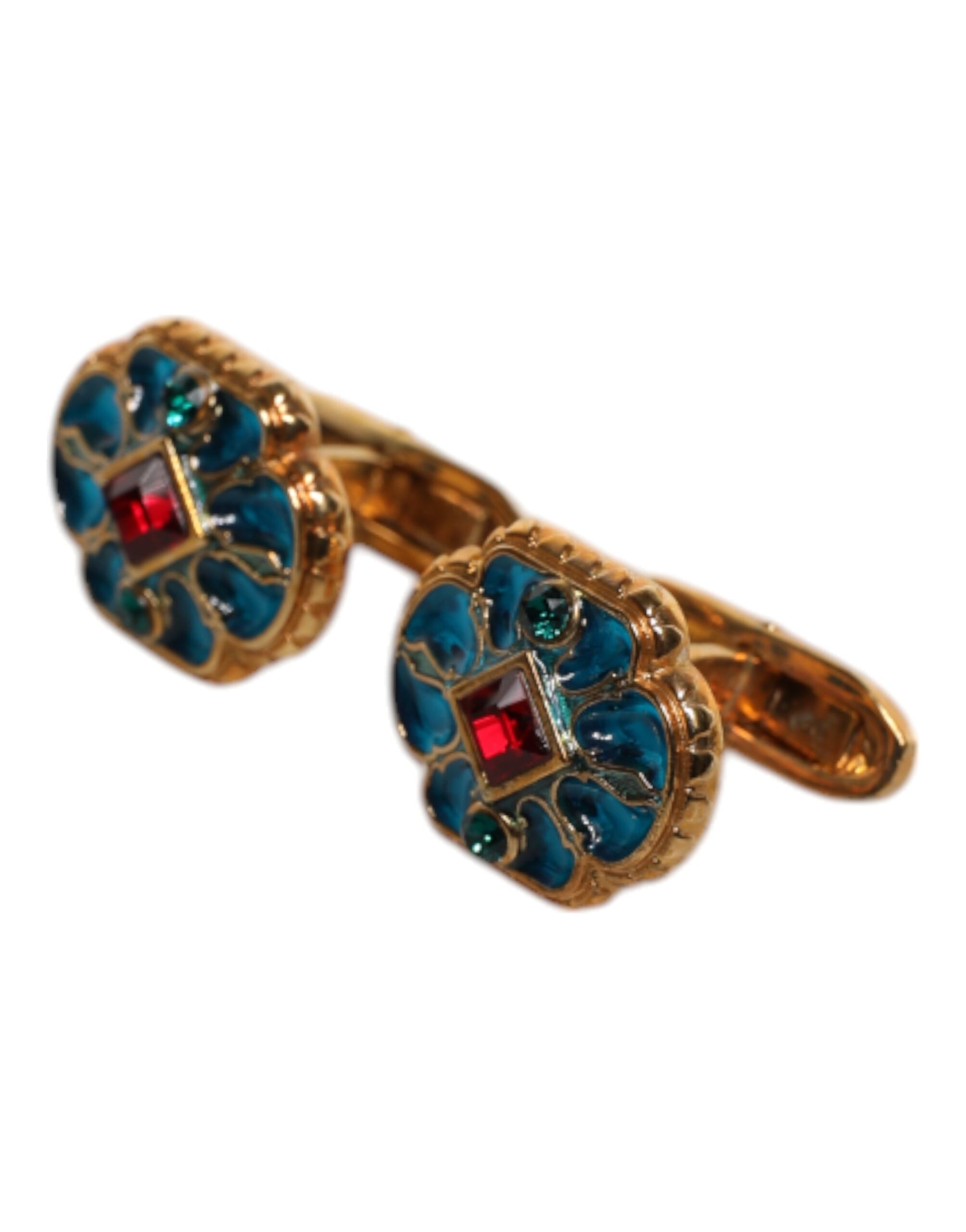 Manschettenknopf aus goldfarbenem Messing mit blau emaillierter Blume