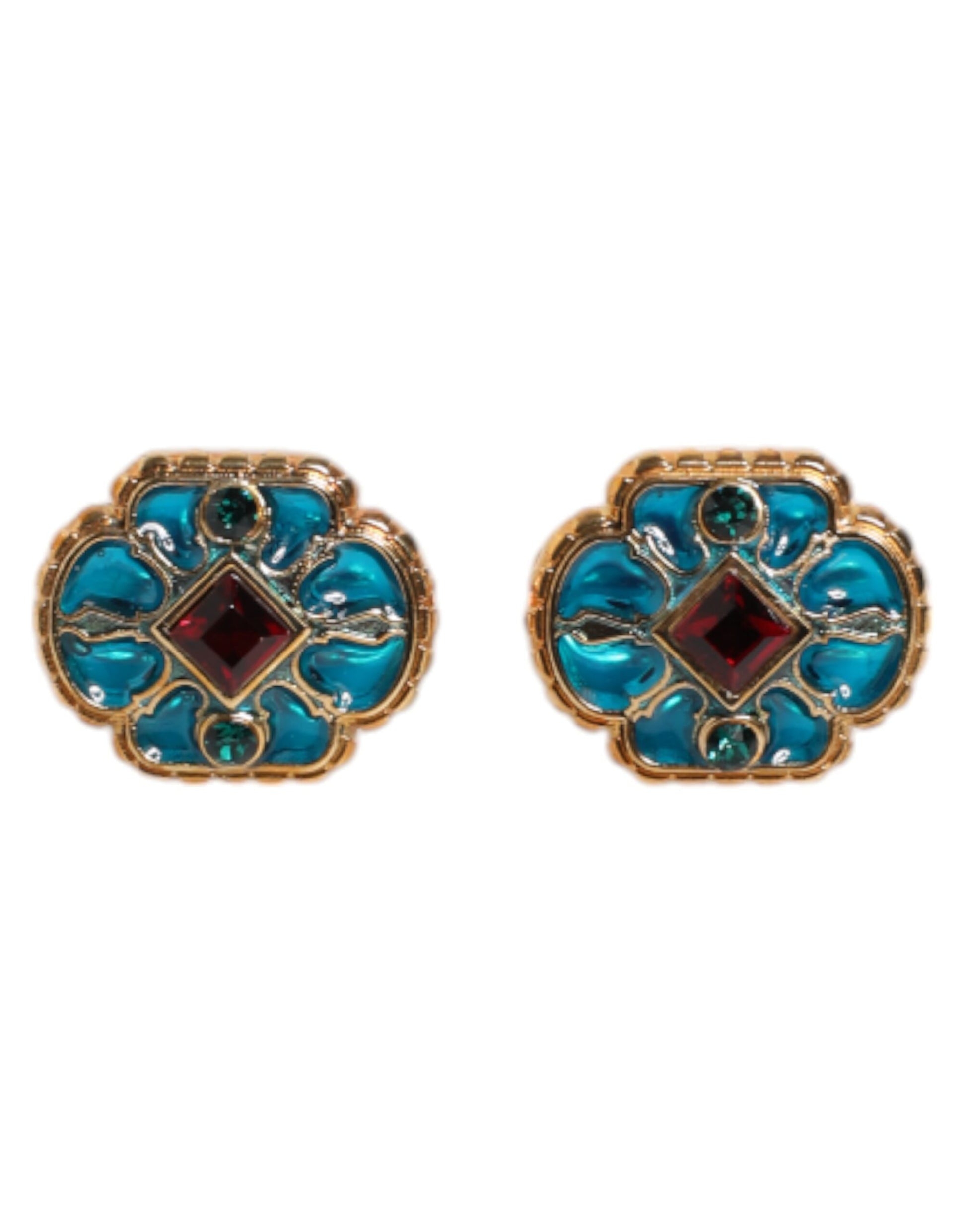 Manschettenknopf aus goldfarbenem Messing mit blau emaillierter Blume