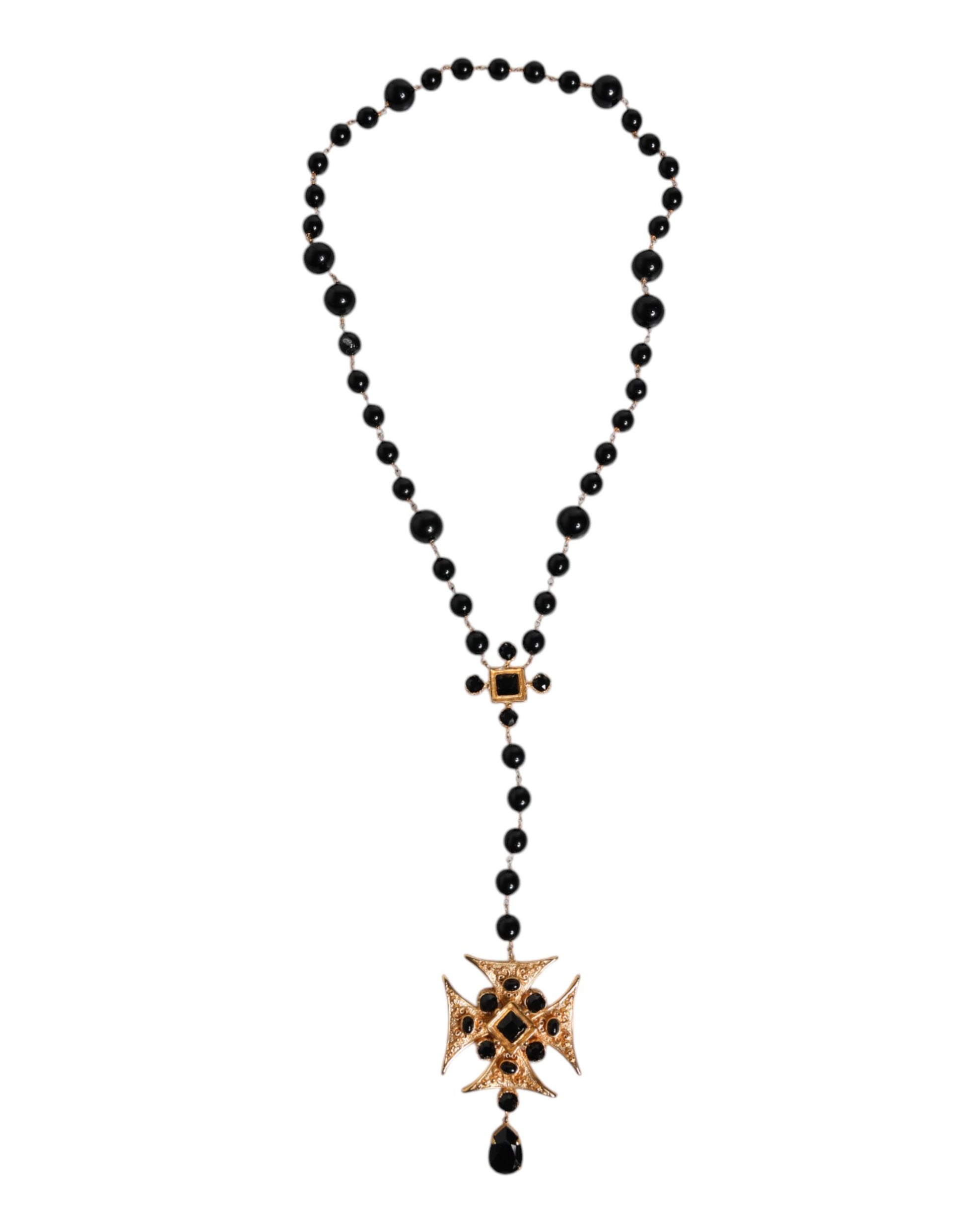 Halskette mit Rosenkranz-Anhänger aus goldenem Messing und schwarzen Perlen