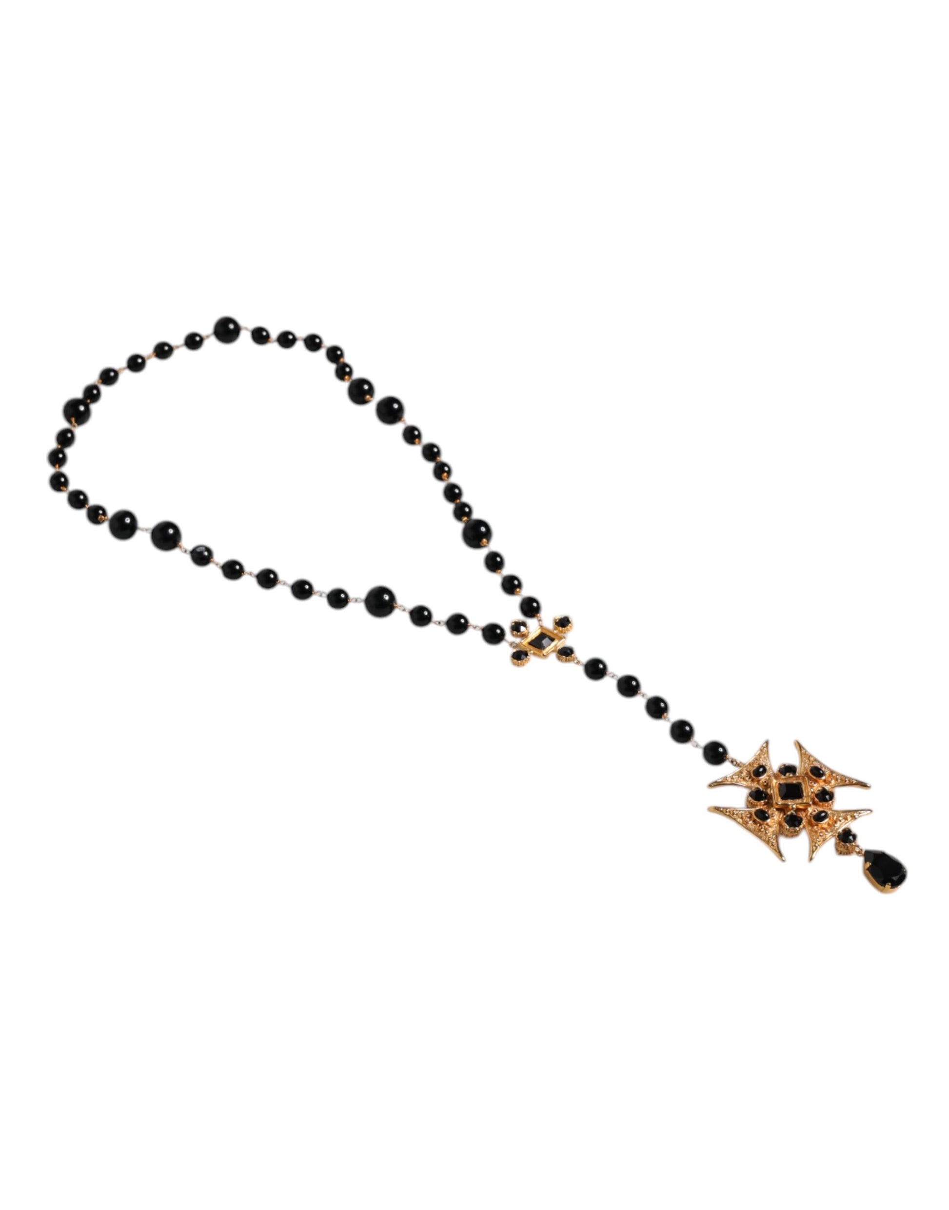 Halskette mit Rosenkranz-Anhänger aus goldenem Messing und schwarzen Perlen
