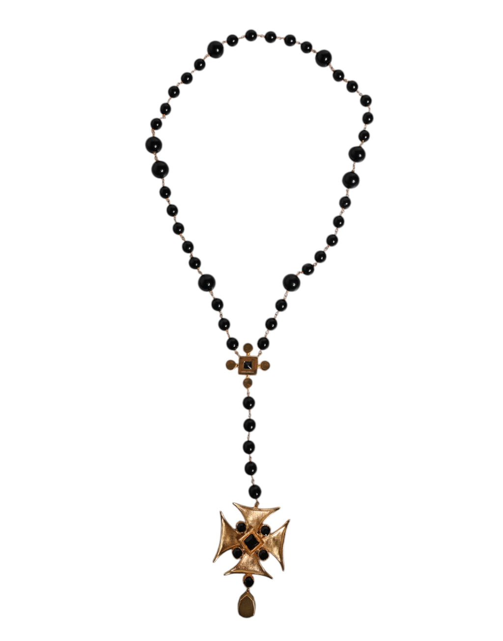Halskette mit Rosenkranz-Anhänger aus goldenem Messing und schwarzen Perlen
