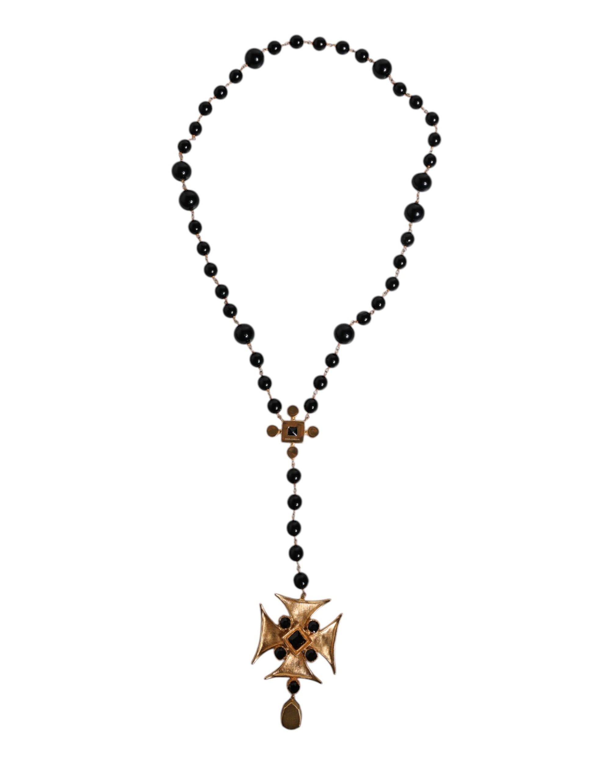Halskette mit Rosenkranz-Anhänger aus goldenem Messing und schwarzen Perlen