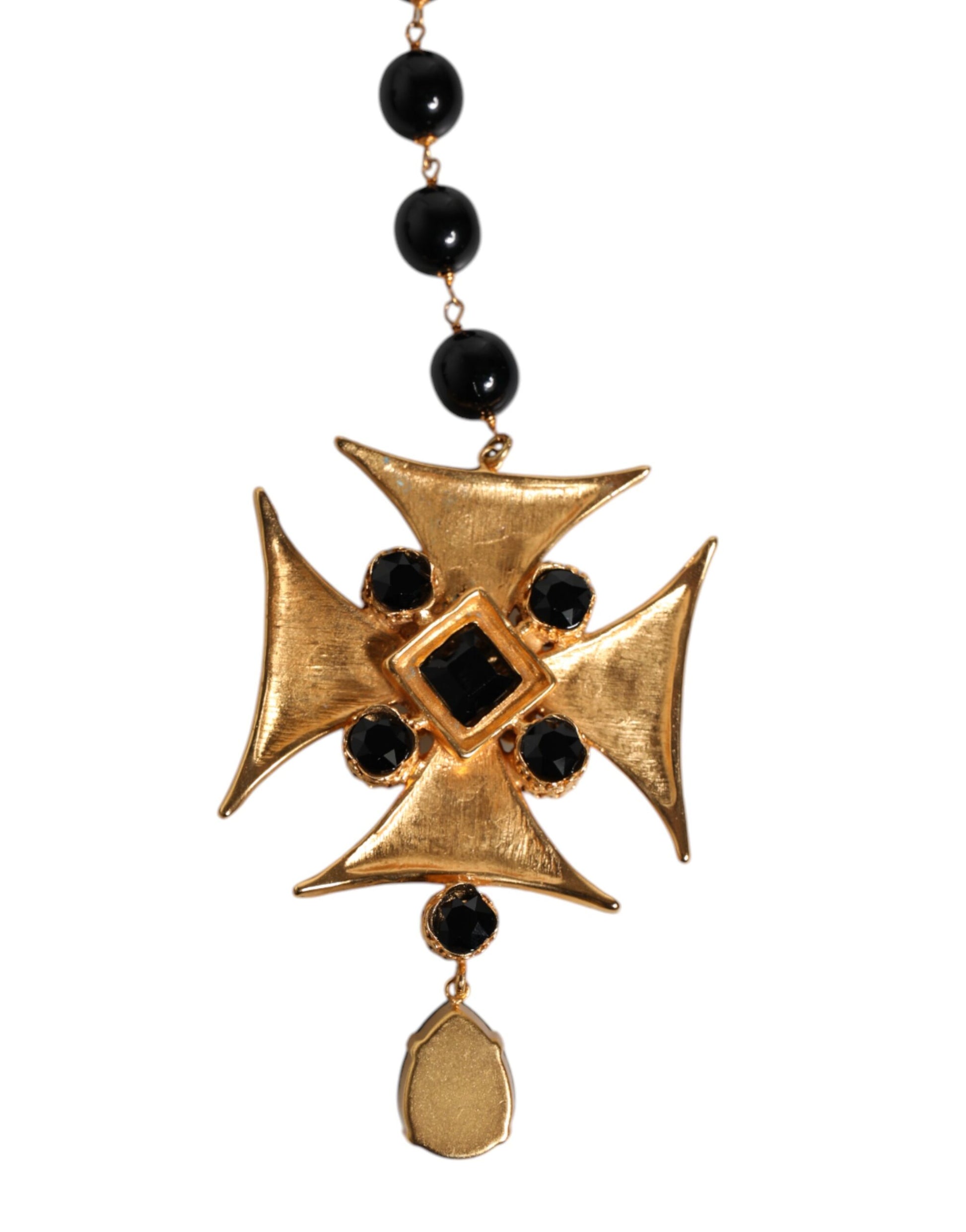 Halskette mit Rosenkranz-Anhänger aus goldenem Messing und schwarzen Perlen